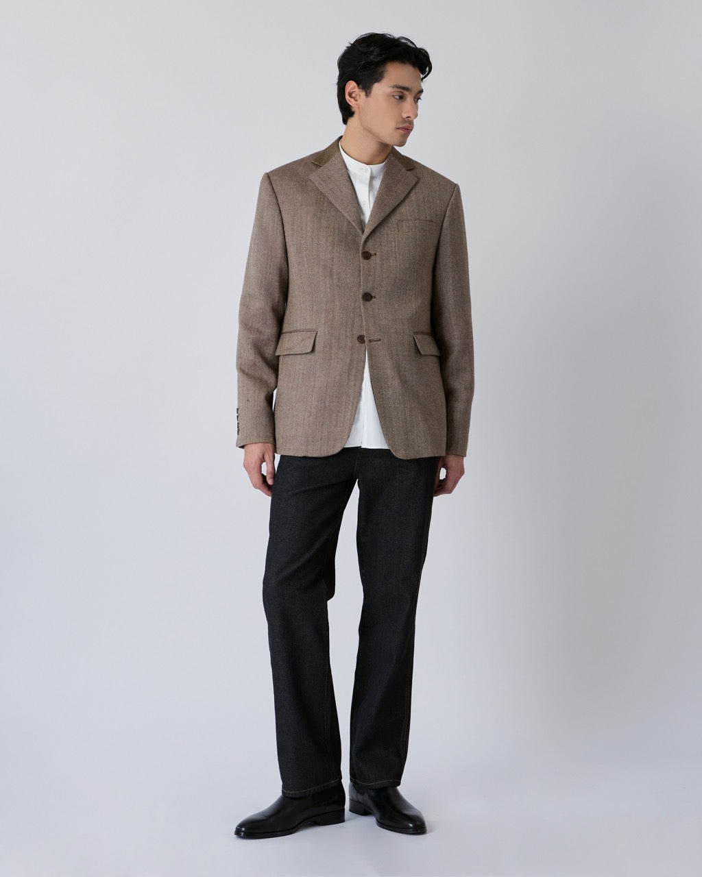 Decouvrir - Wool Blazer with Denim Collar in Dark Brown