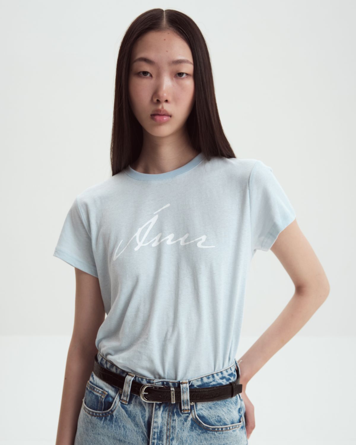 The Bleu Standard - AMR Hand Writing Logo Hemp Slim-fit T-Shirt in Baby Blue