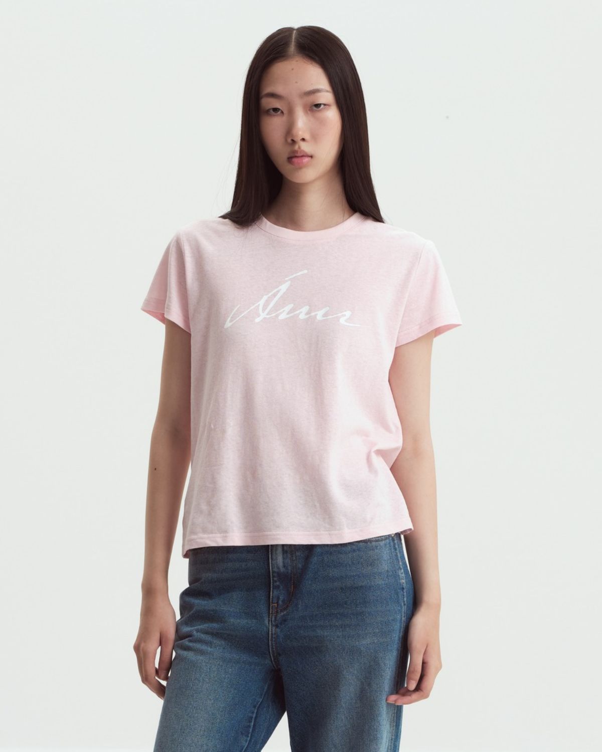 The Bleu Standard - AMR Hand Writing Logo Hemp Slim-fit T-Shirt in Powder Pink
