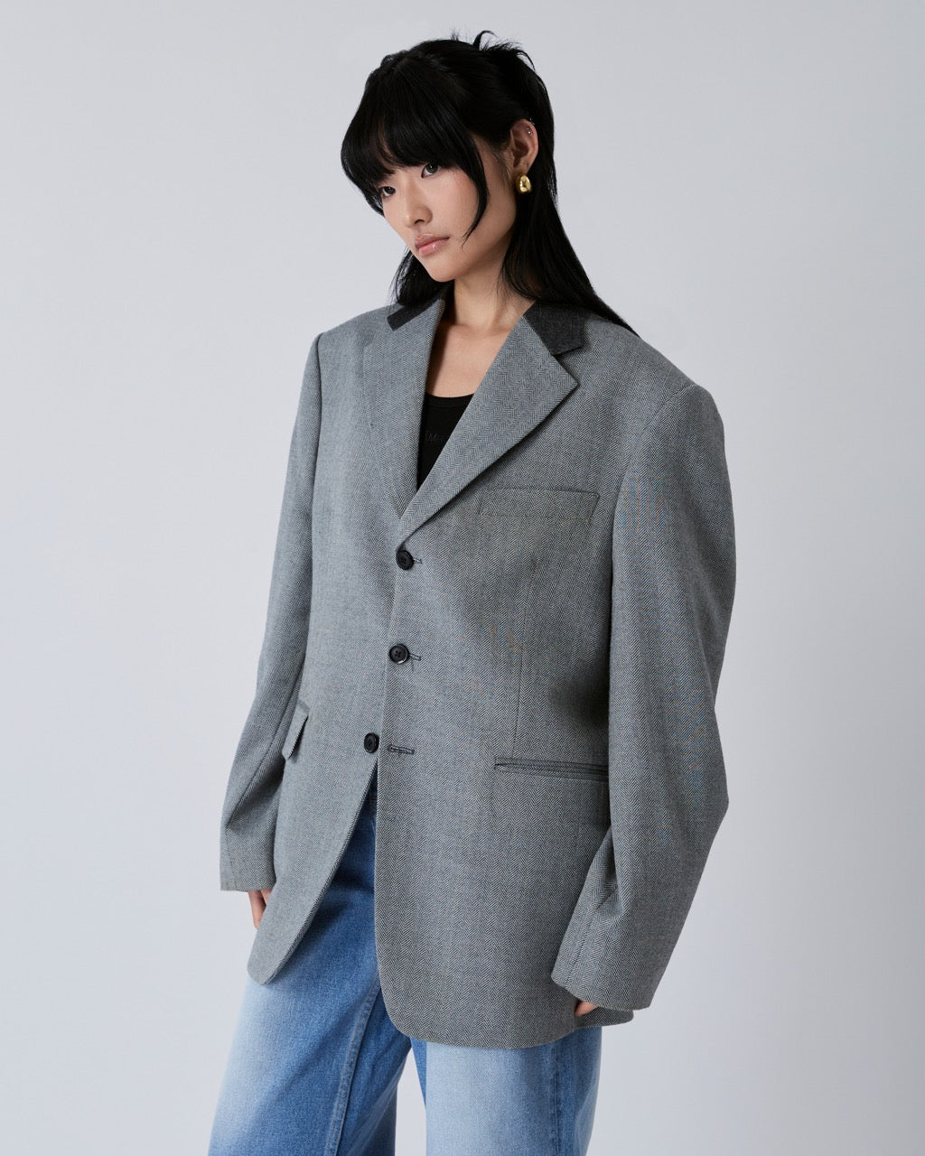 Découvrir - Wool Blazer with Denim Collar in Black