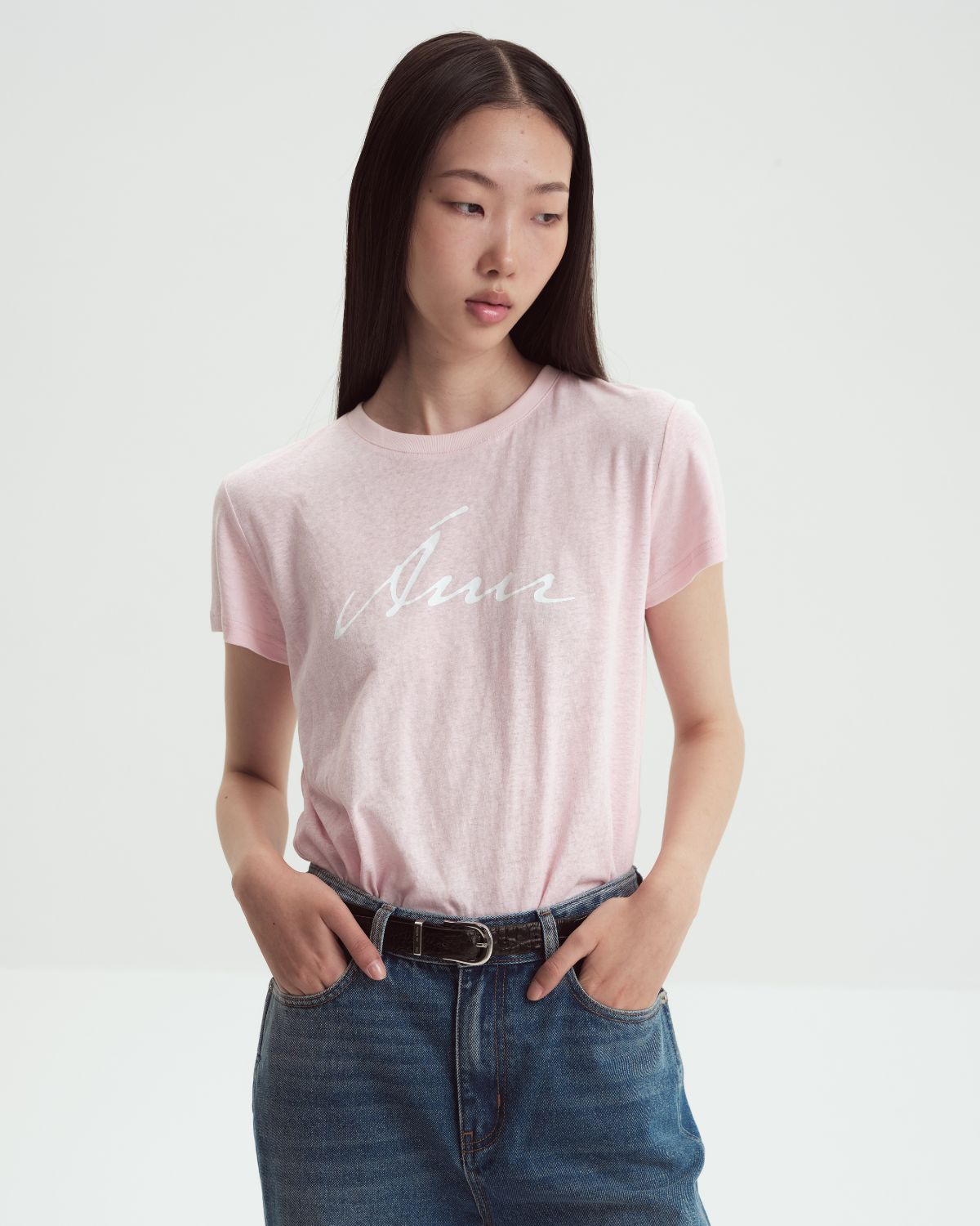 The Bleu Standard - AMR Hand Writing Logo Hemp Slim-fit T-Shirt in Powder Pink