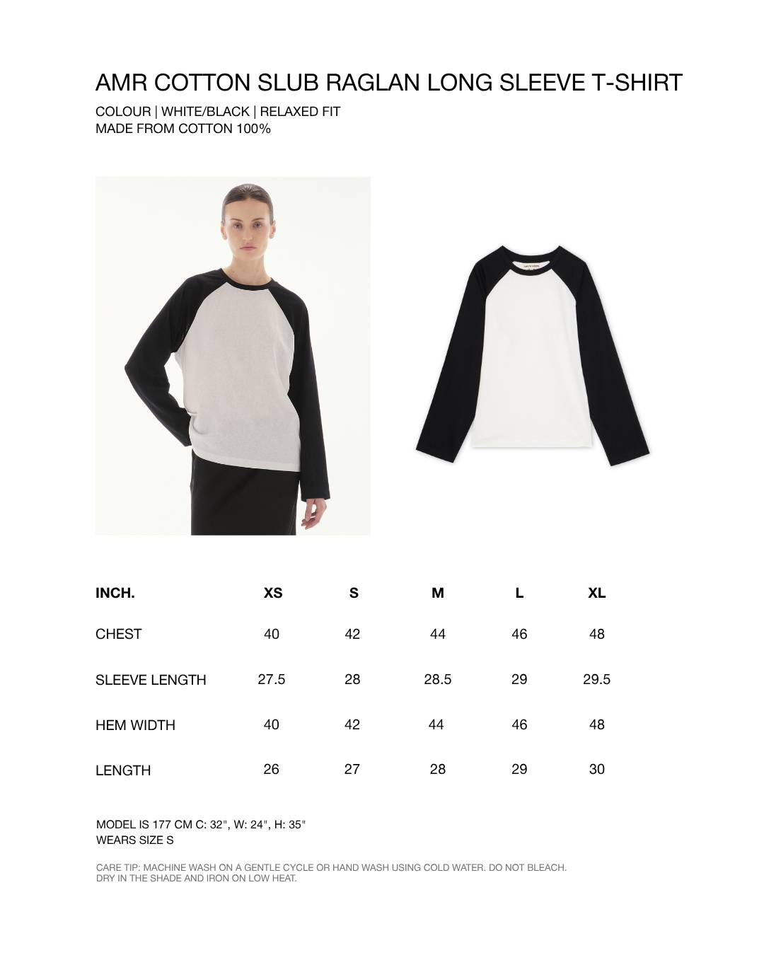 Wadrobe III - AMR Cotton Slub Raglan Long Sleeve T-Shirt in White/Black