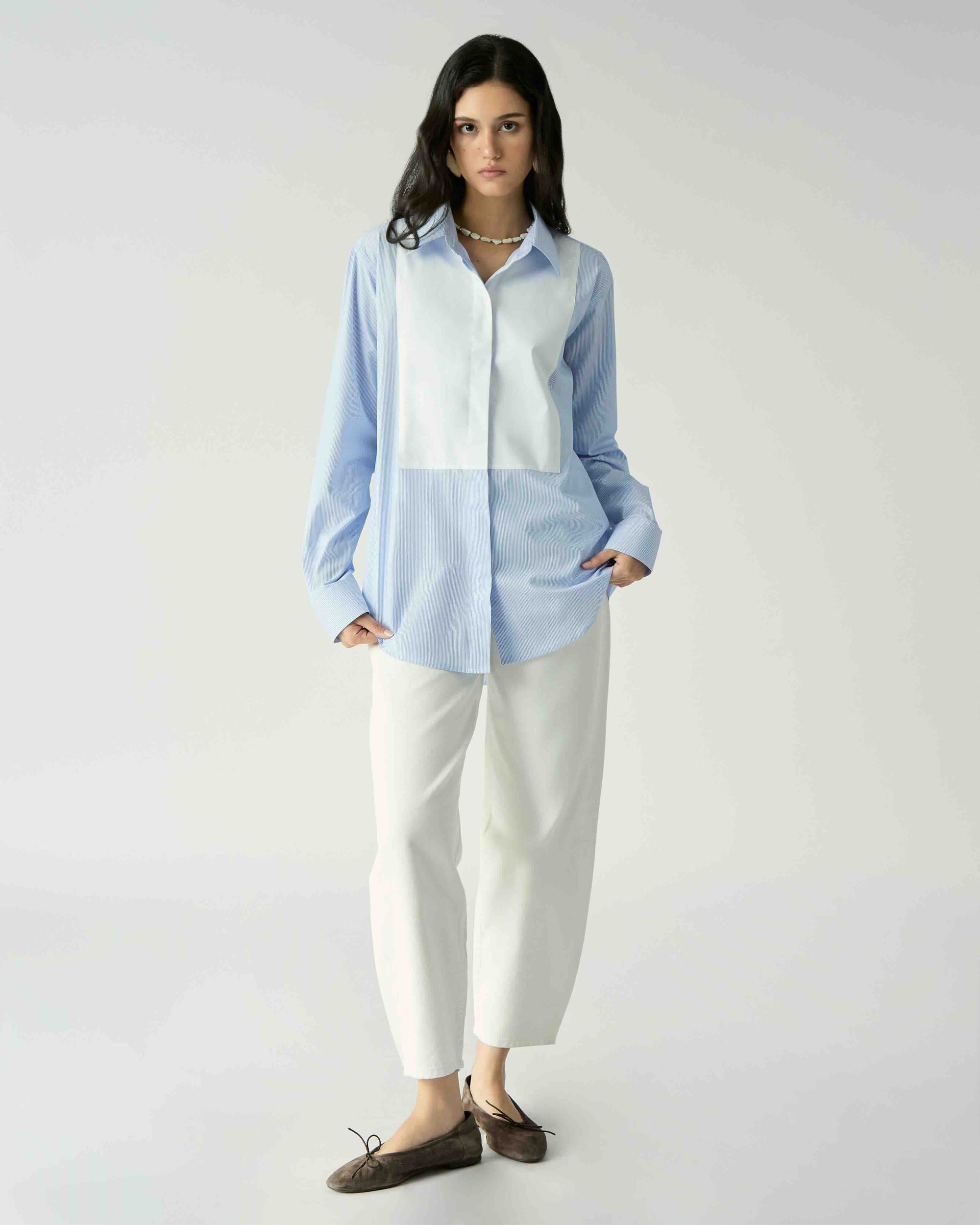 Le soleil d'ete - Tailored Tuxedo Shirt in White Blue Stripe