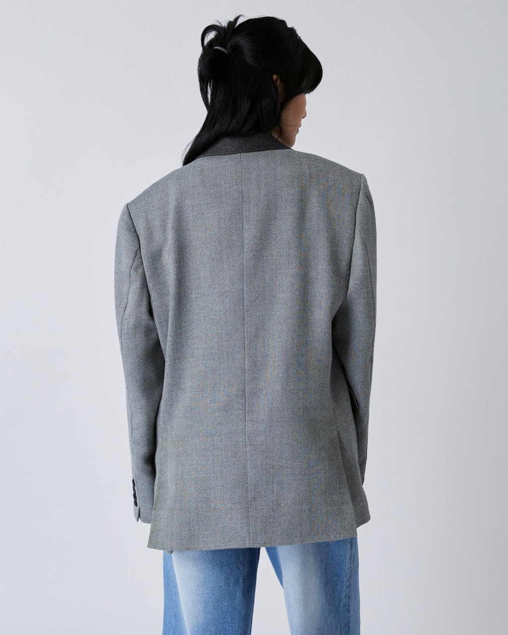 Decouvrir - Wool Blazer with Denim Collar in Black