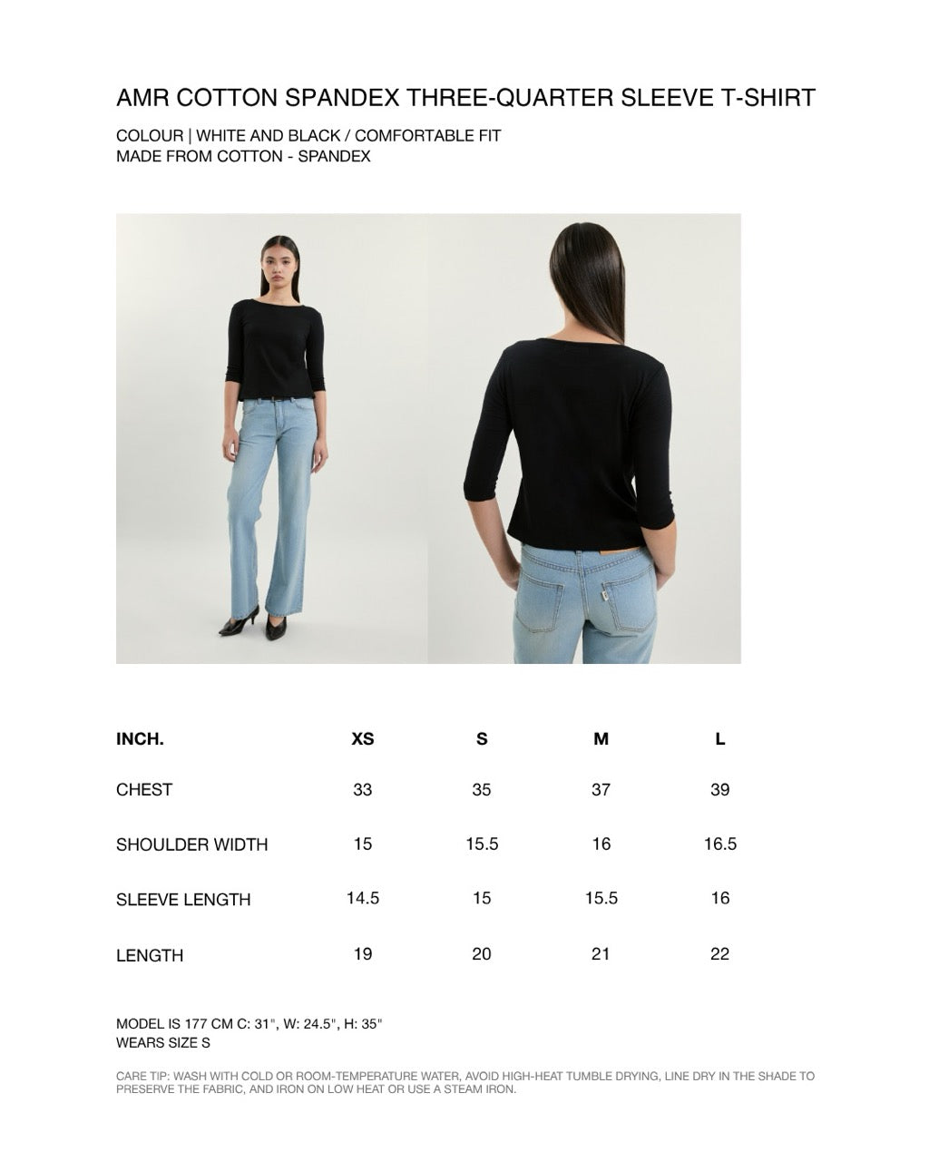 July Drop - AMR Cotton-Spandex Three-Quarter Sleeve T-Shirt in Black
