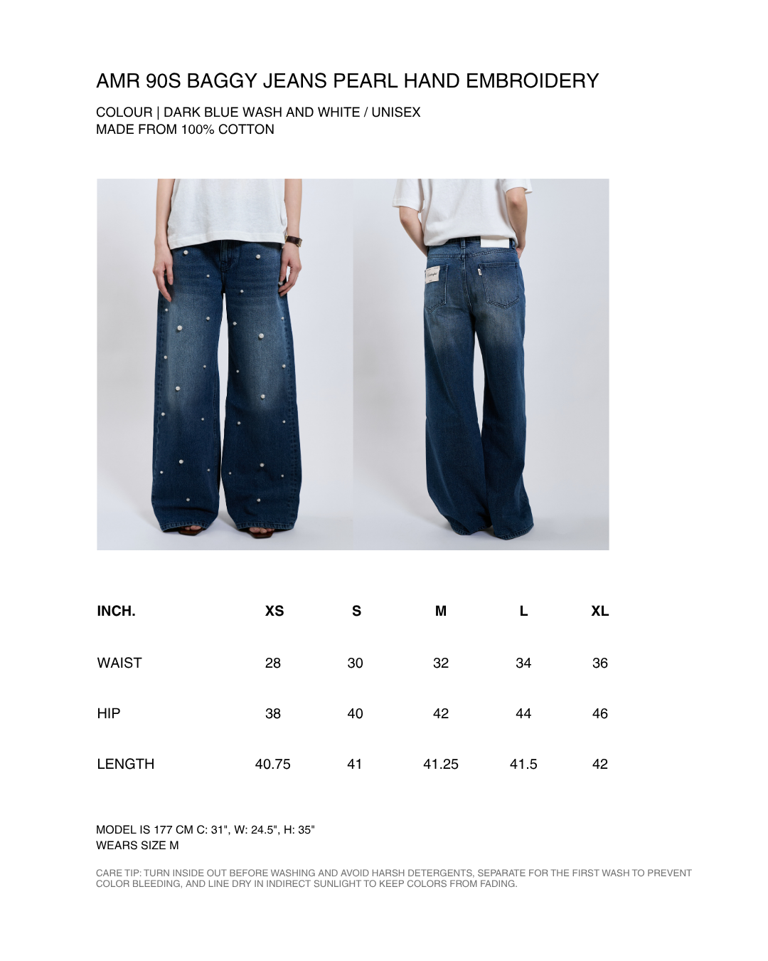 AMR Handcrafted - AMR 90s Baggy Jeans Pearl Hand Embroidery in Dark Blue Wash