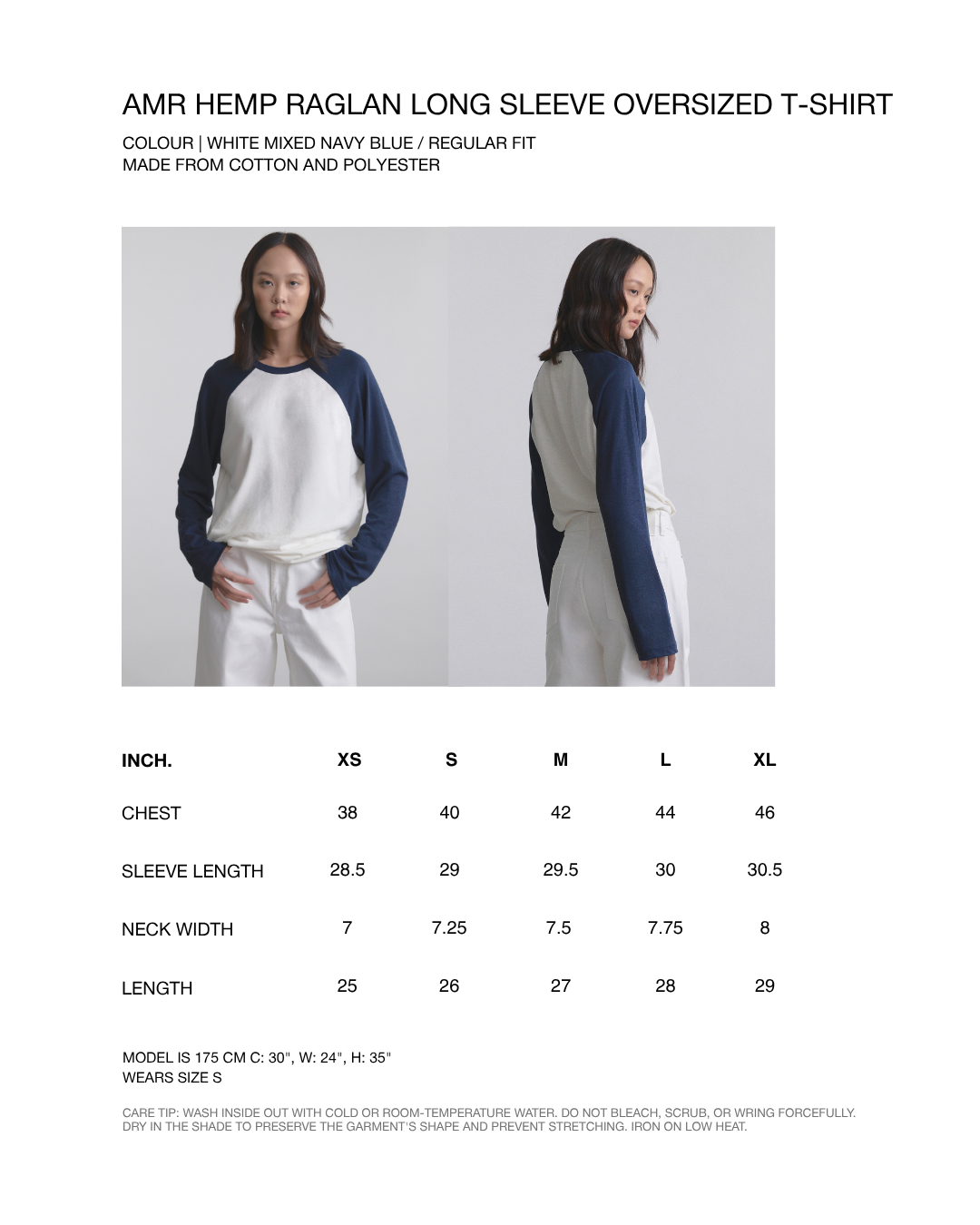 Wadrobe II - AMR Cotton Slub Raglan Long Sleeve T-Shirt in White/Navy Blue
