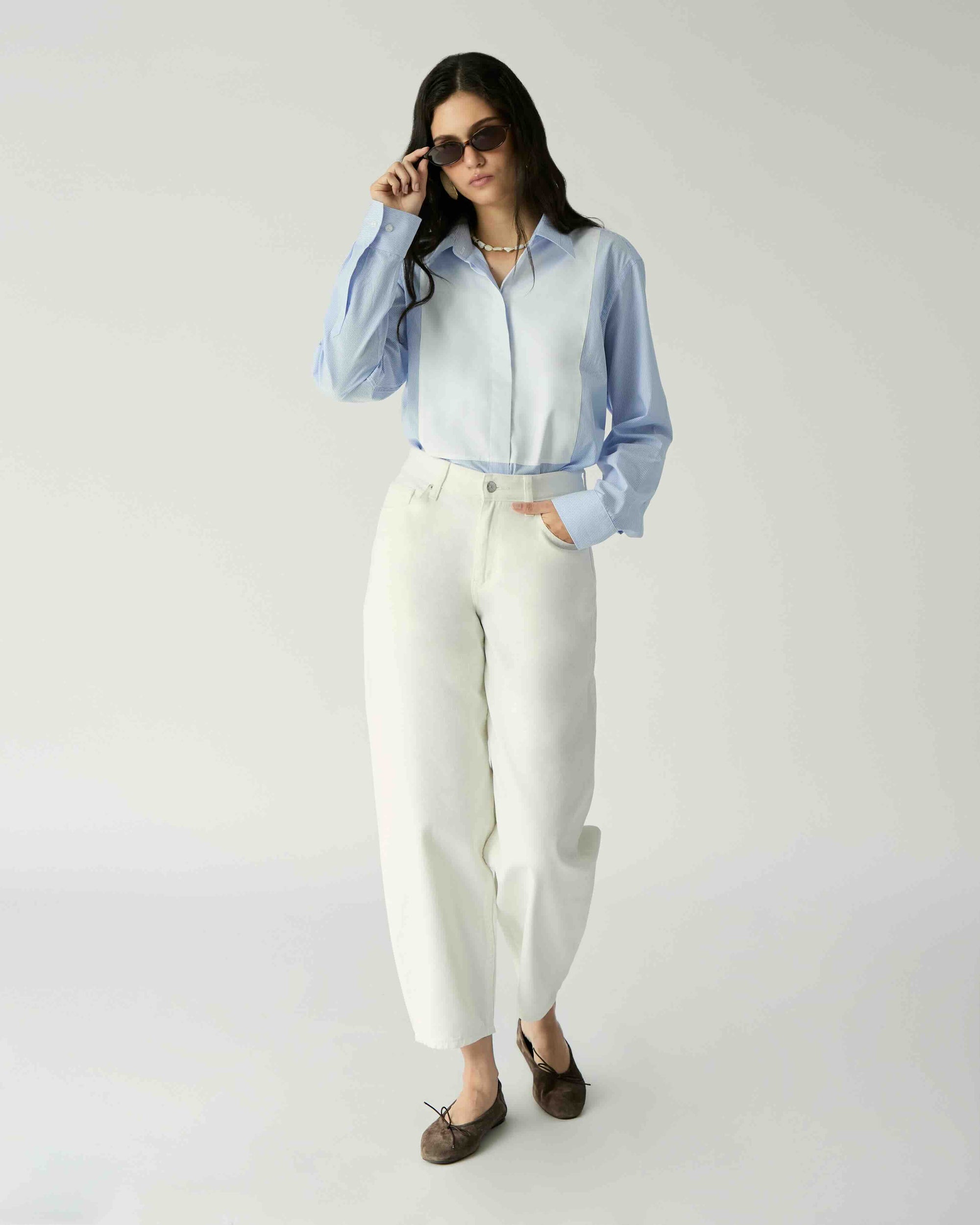Le soleil d'ete - Tailored Tuxedo Shirt in White Blue Stripe