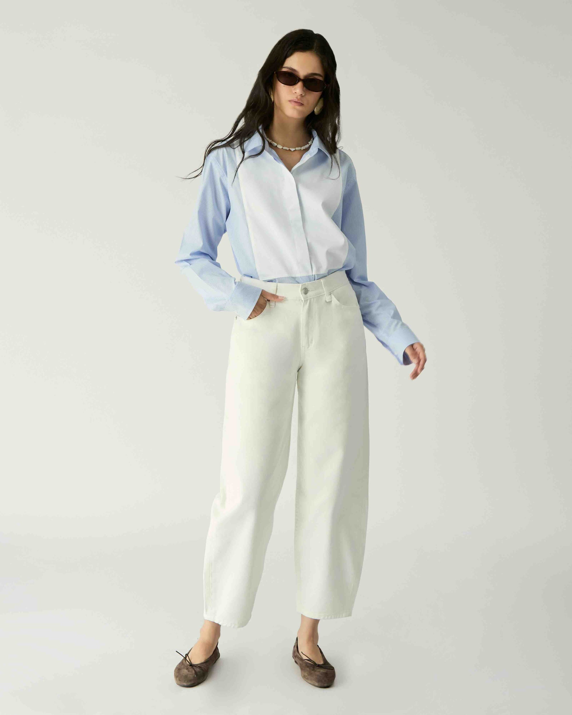 Le soleil d'ete - Tailored Tuxedo Shirt in White Blue Stripe