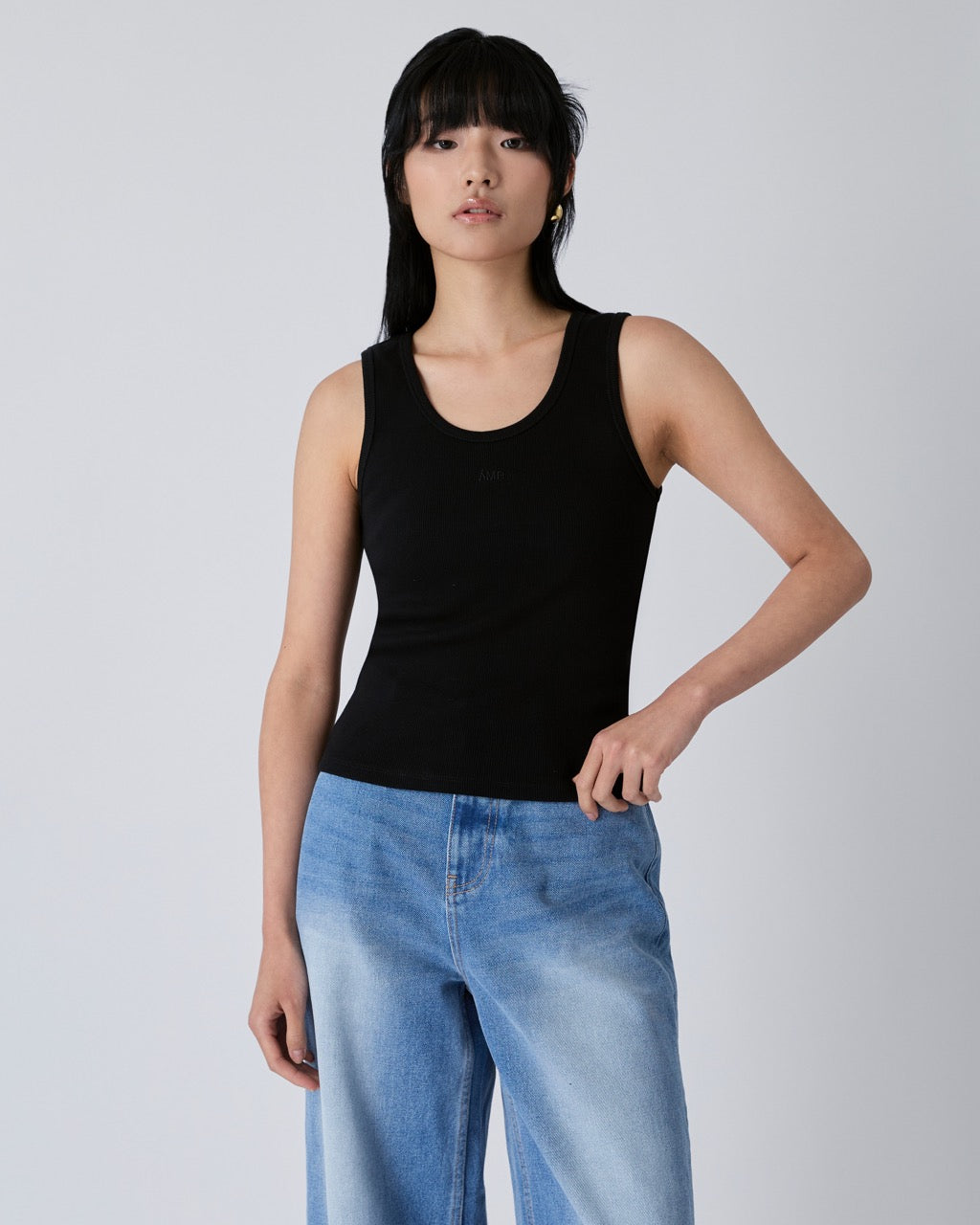 Découvrir - Scoop Neck Rib Tank in Black