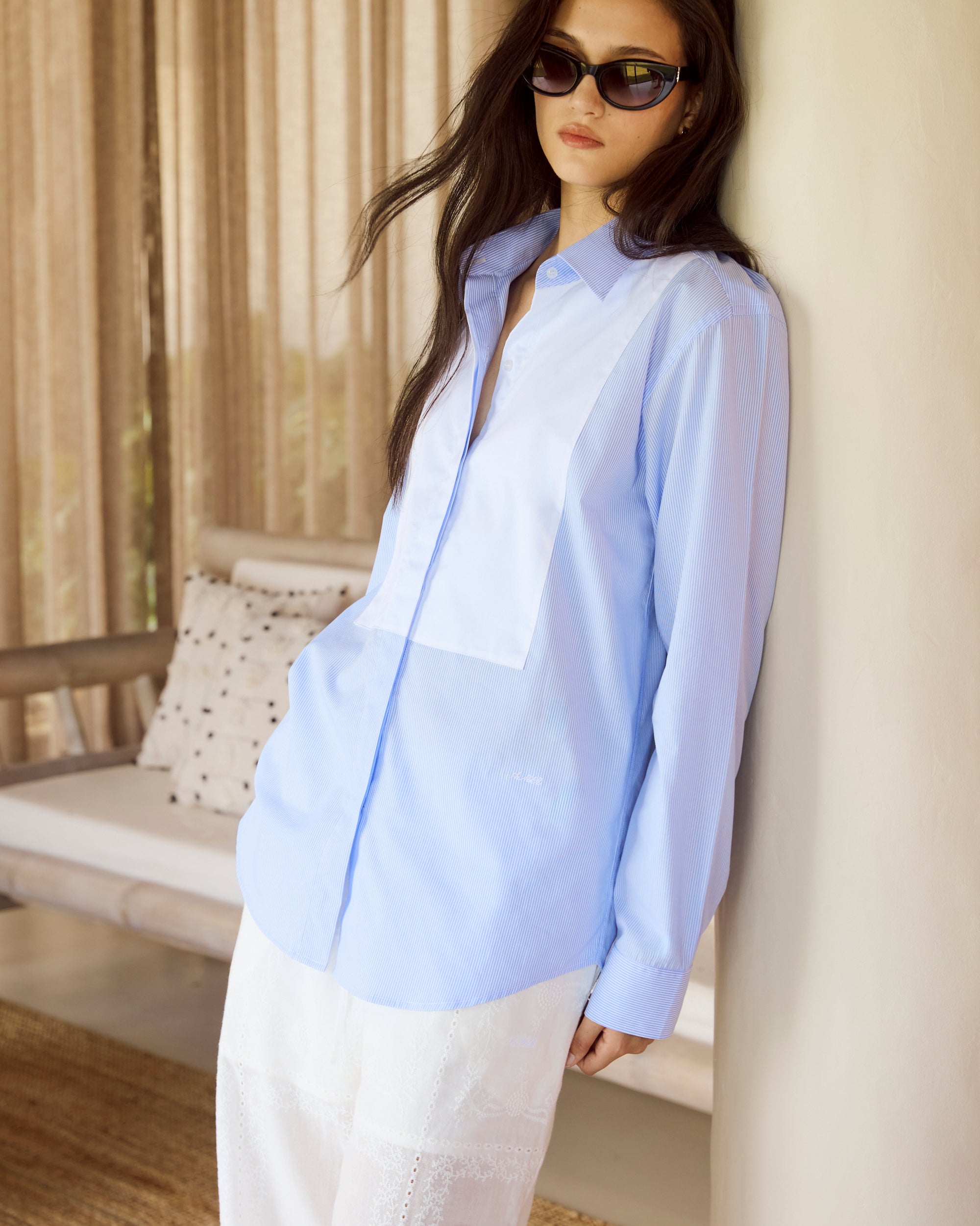 Le soleil d'ete - Tailored Tuxedo Shirt in White Blue Stripe