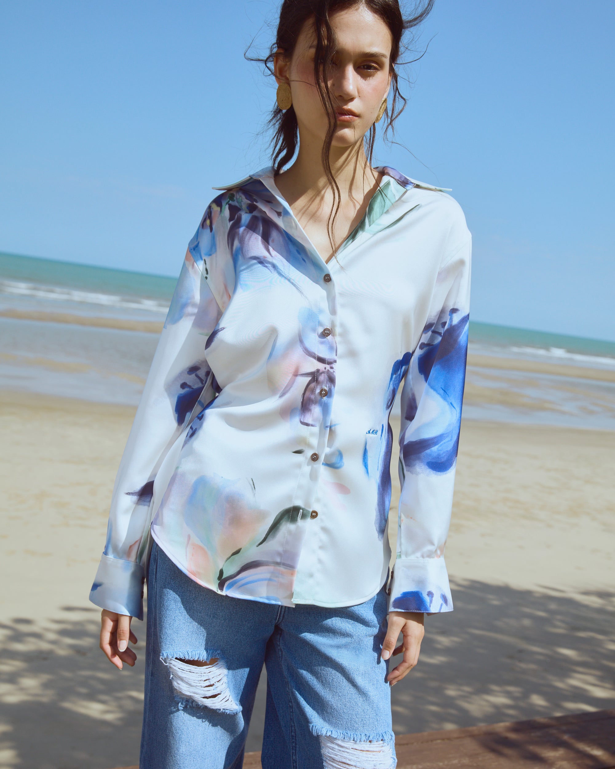 Le soleil d'ete - Regular Fit Shirt With Drawstring in Abstract Floral