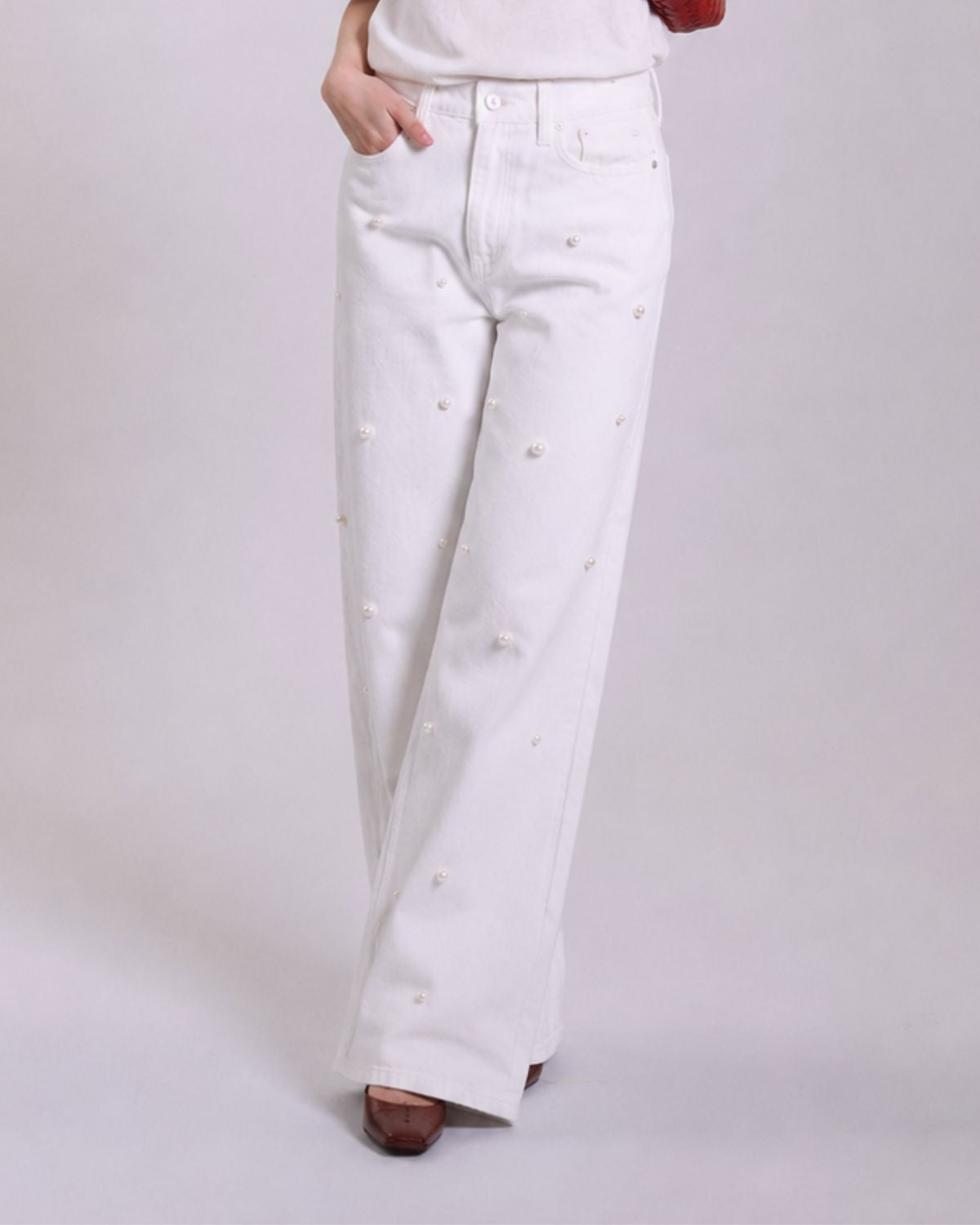 AMR Handcrafted - AMR 90s Baggy Jeans Pearl Hand Embroidery in White