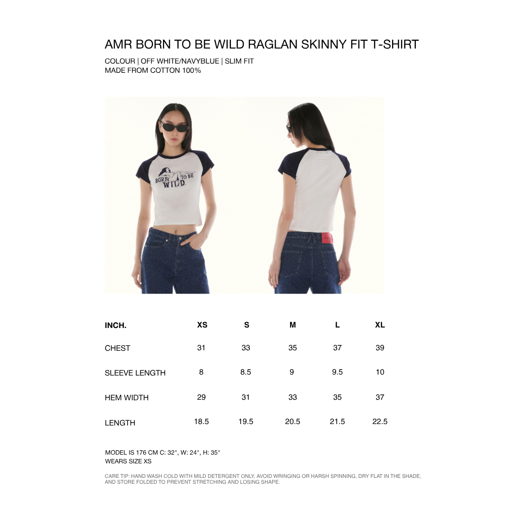 Le Fauve - AMR Born To Be Wild Raglan Skinny Fit T-Shirt in Off White/Navy Blue
