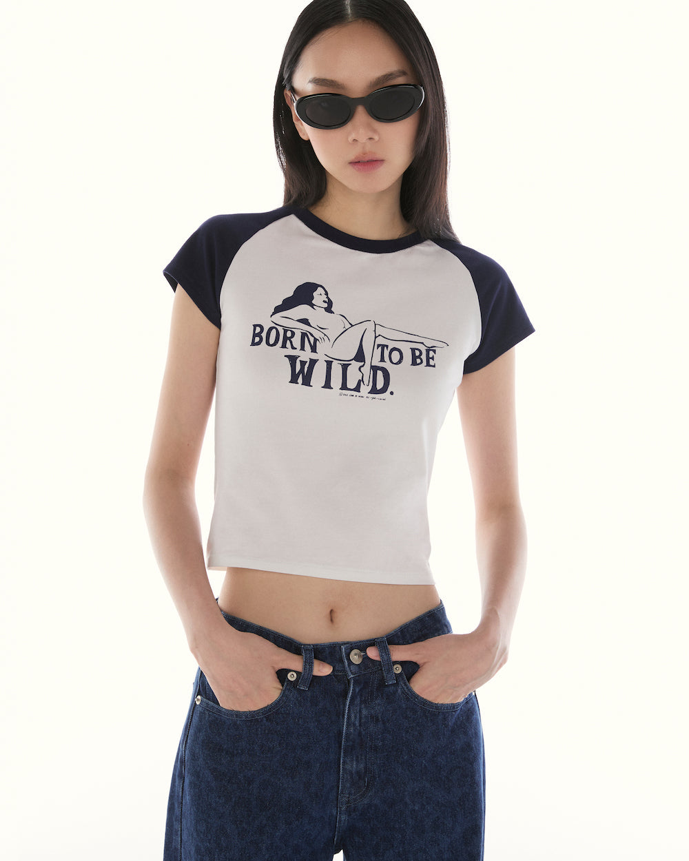 Le Fauve - AMR Born To Be Wild Raglan Skinny Fit T-Shirt in Off White/Navy Blue
