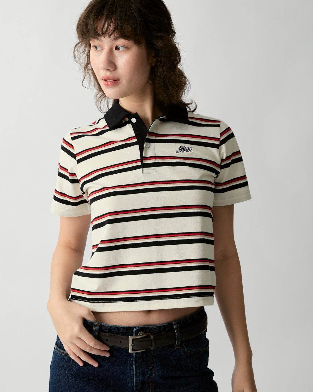 En Couleurs - AMR Regular Fit Polo Top in Ivory Burgundy Stirpe
