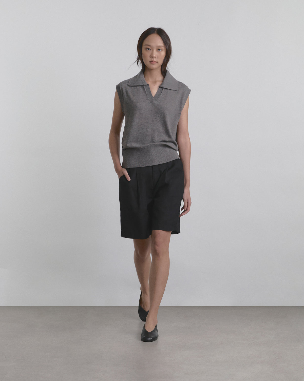 Wardrobe II - AMR Open Collar Polo Sleeveless Knit Top in Grey