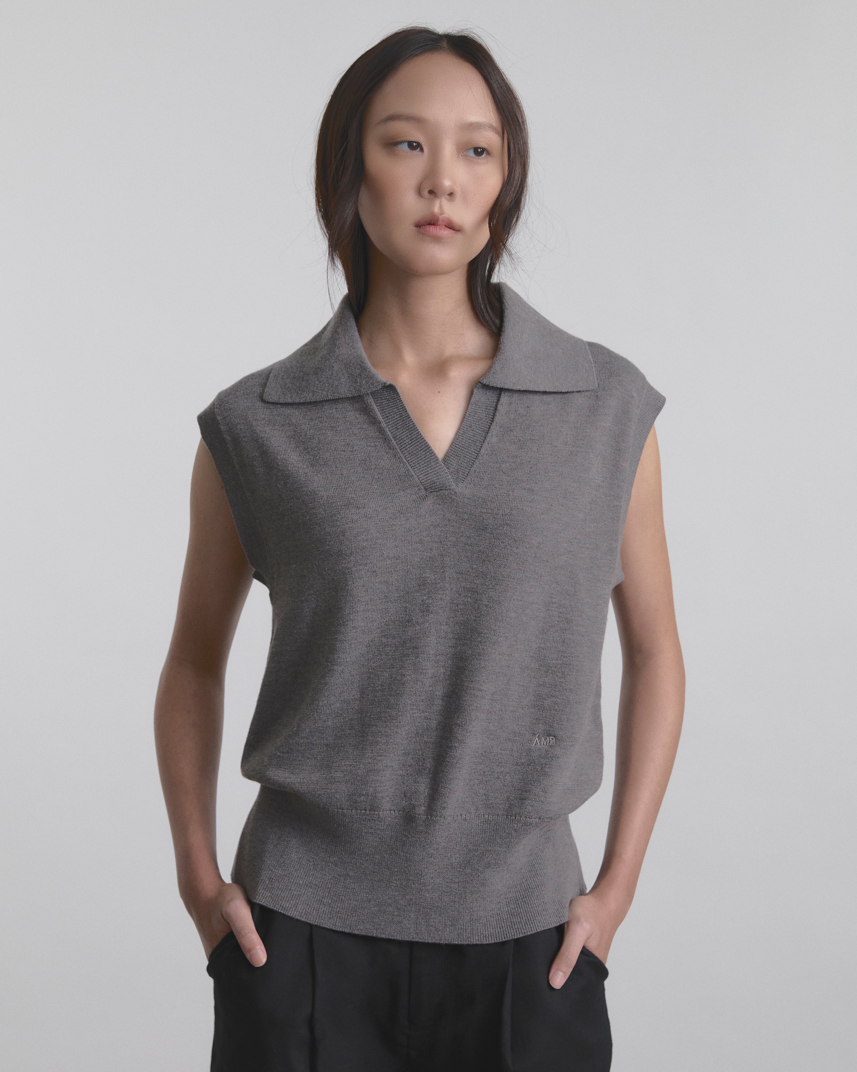 Wardrobe II - AMR Open Collar Polo Sleeveless Knit Top in Grey