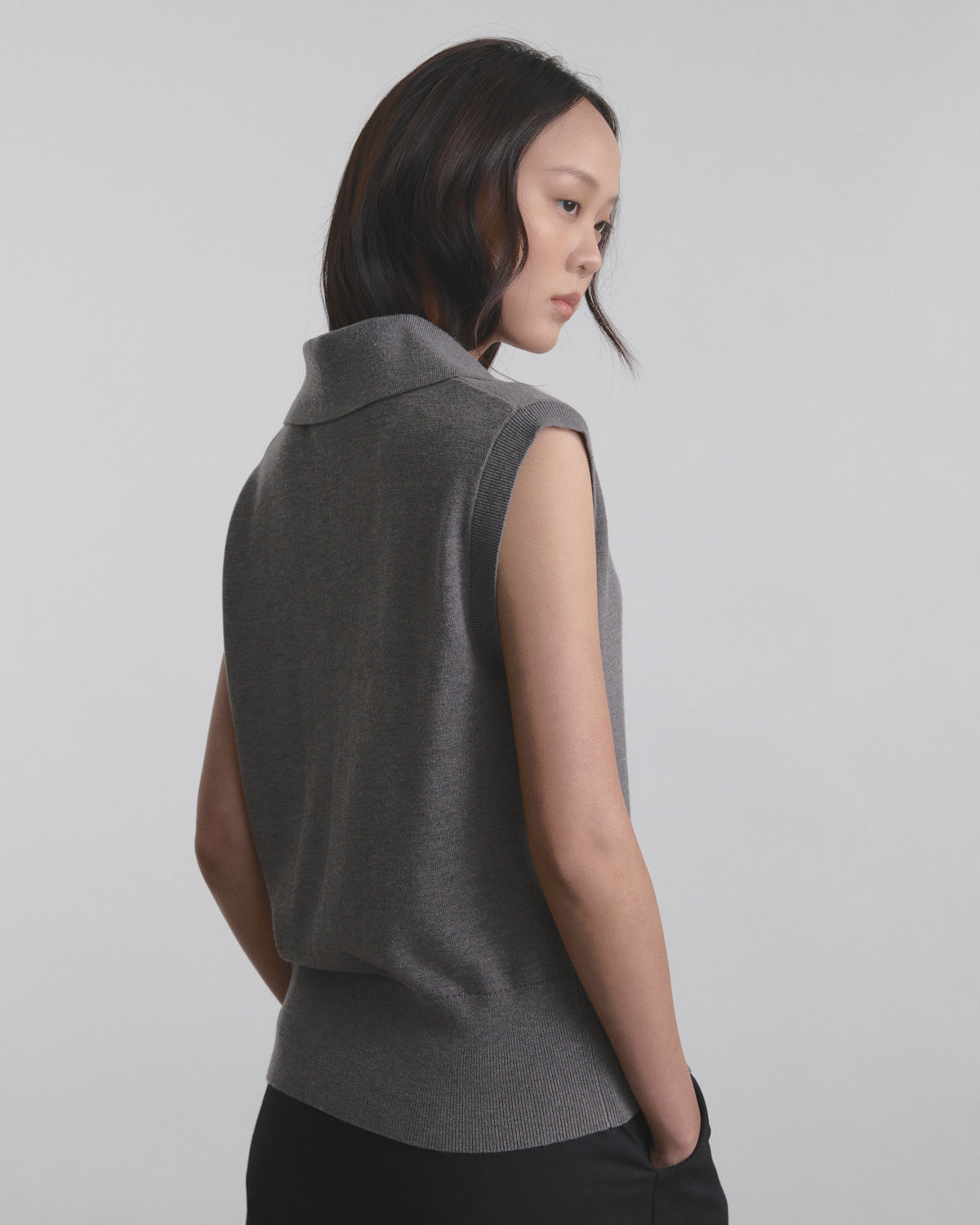 Wardrobe II - AMR Open Collar Polo Sleeveless Knit Top in Grey