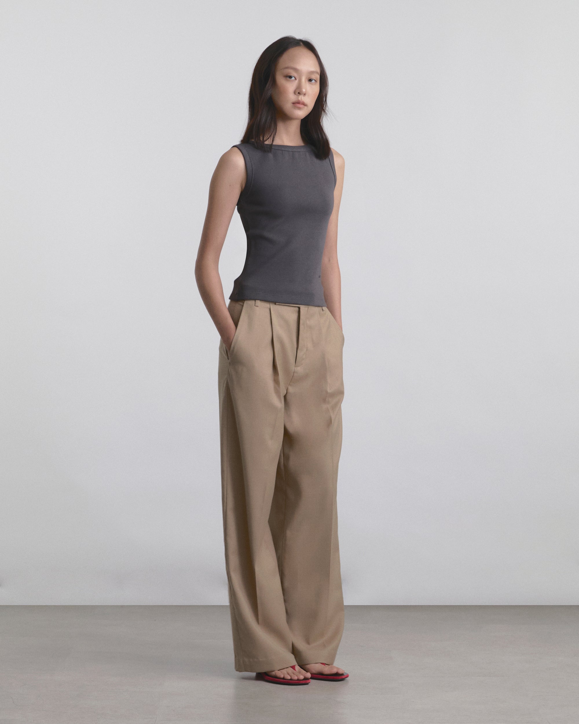 Wardrobe I - AMR Wide-Leg Single-Pleated Trousers in Beige
