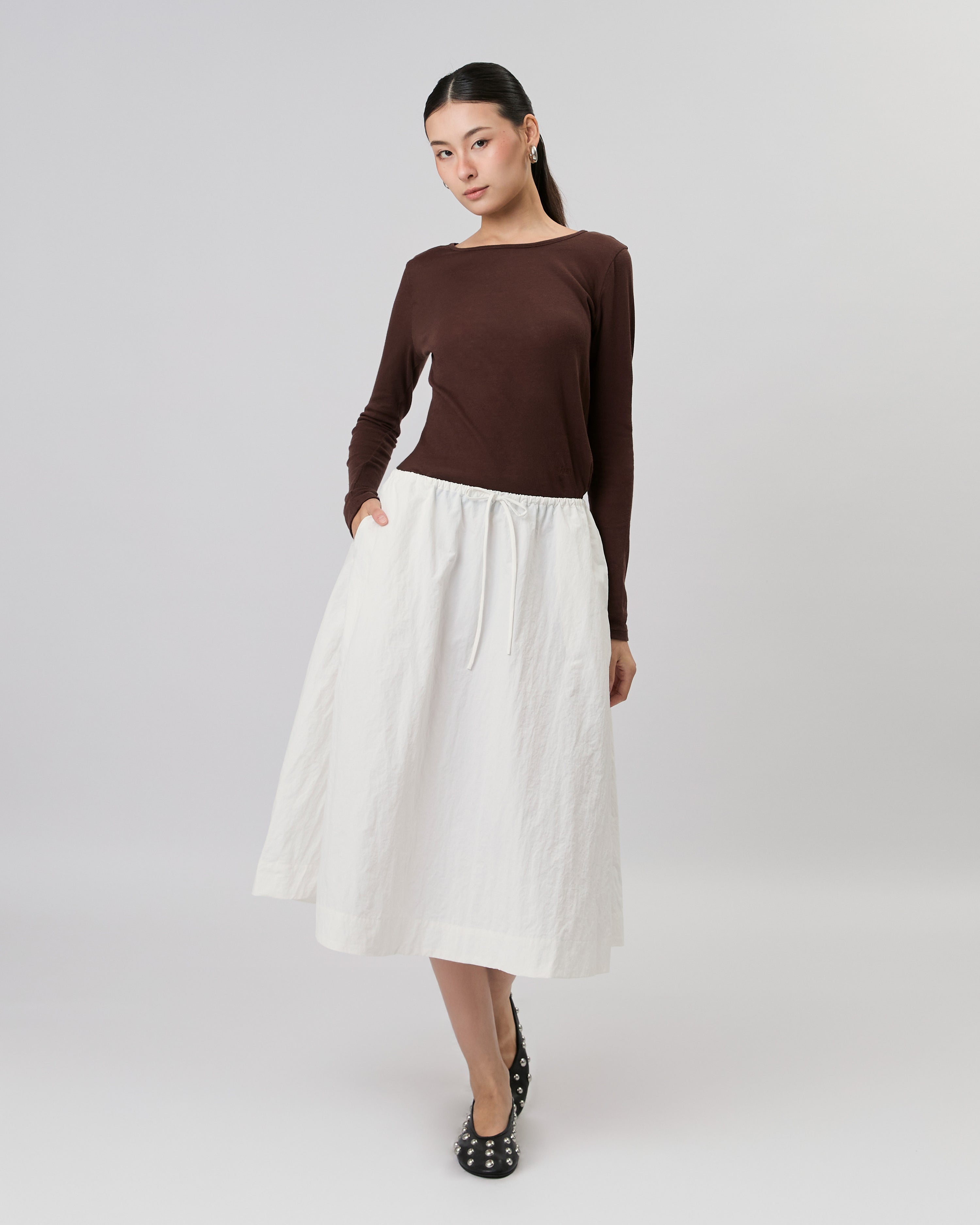 New Urban Drop - Drawstring Waist Midi Skirt in White
