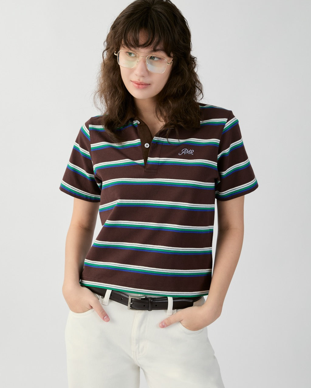 En Couleurs - AMR Regular Fit Polo Top in Dark Brown Blue Stripe