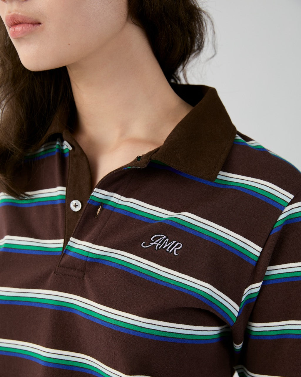 En Couleurs - AMR Regular Fit Polo Top in Dark Brown Blue Stripe