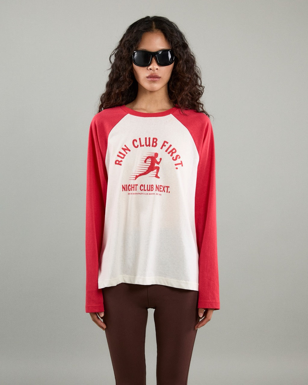 Athleisure Athletic Club - AMR Run Club Raglan Long Sleeve T-Shirt in White/Red