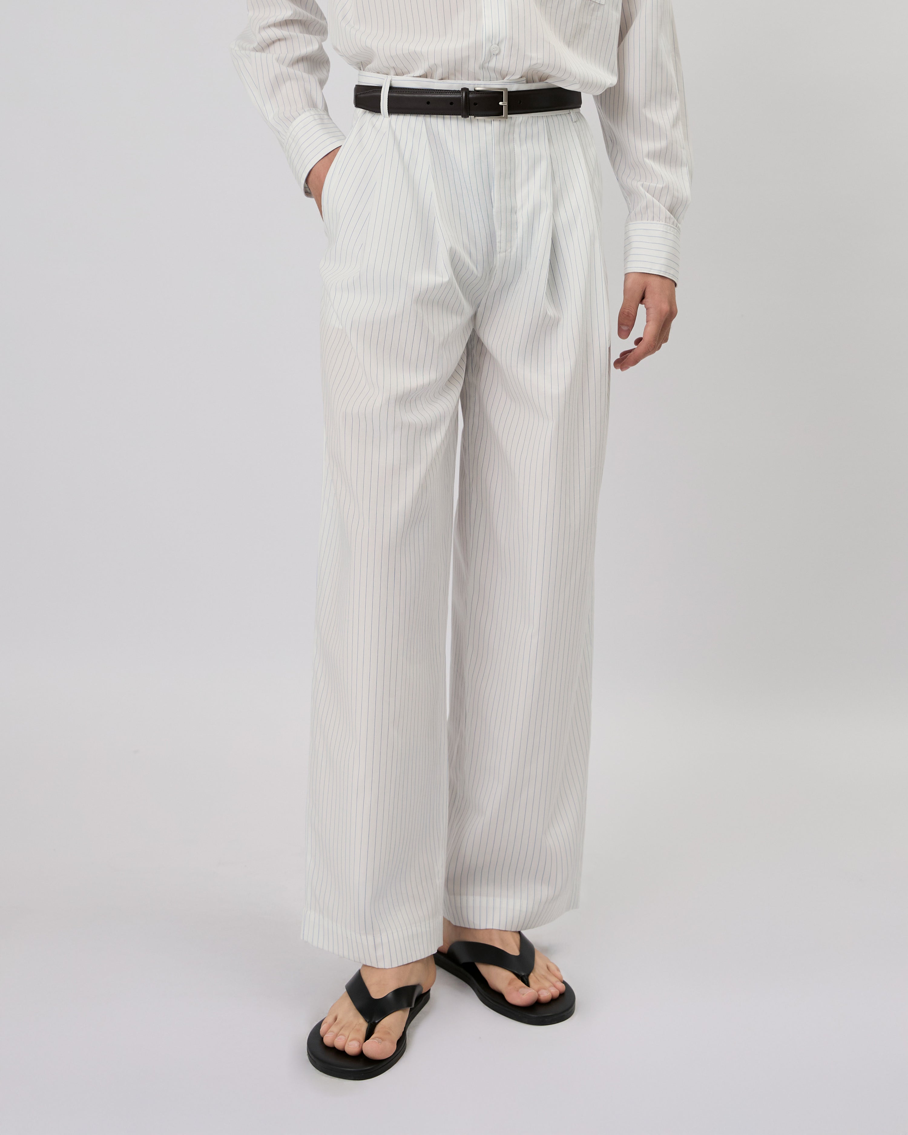 New Urban Drop - Double Pleated Trousers in White Blue Stripe