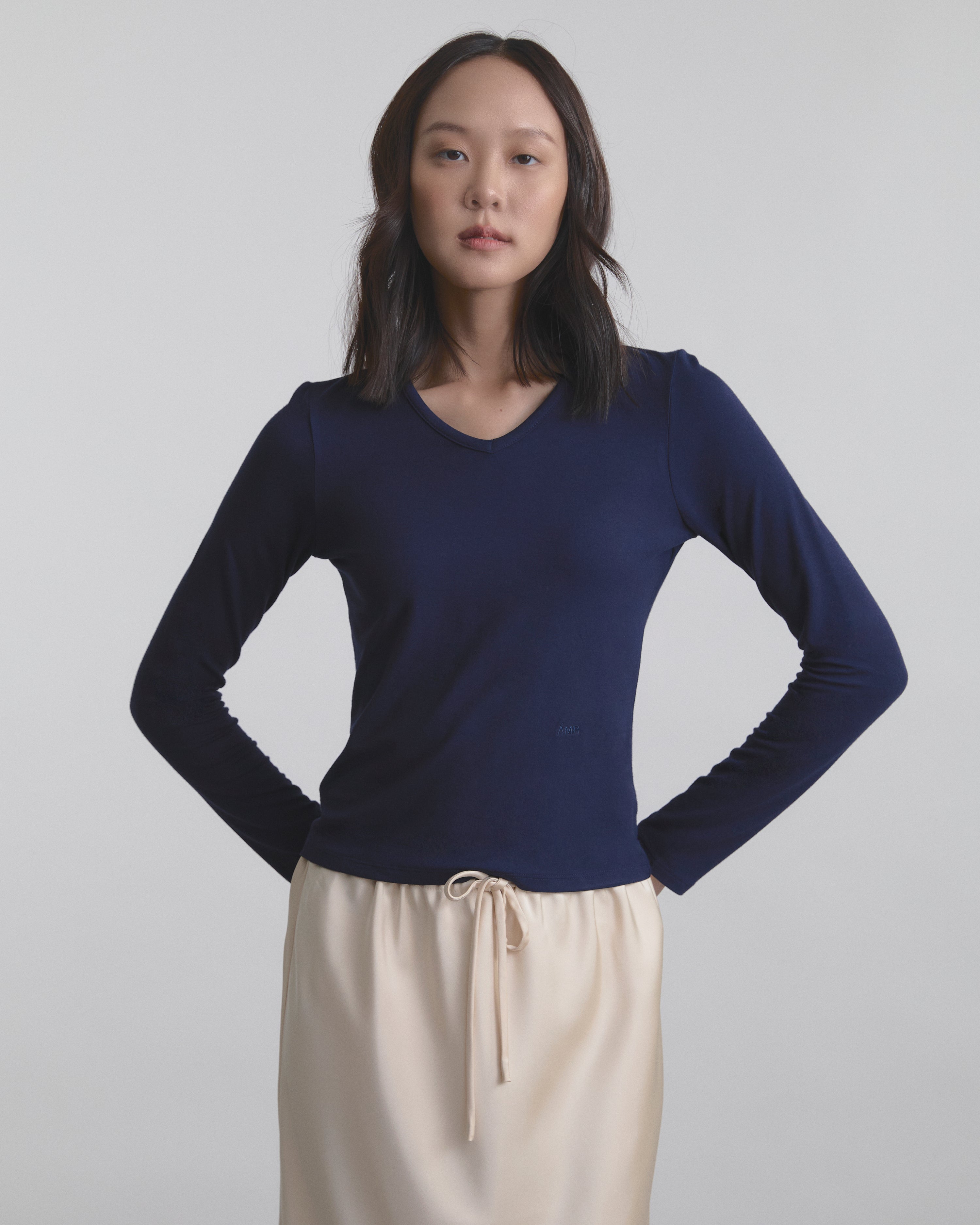 Wardrobe II - AMR Slim Fit V-neck Long Sleeve in Navy Blue