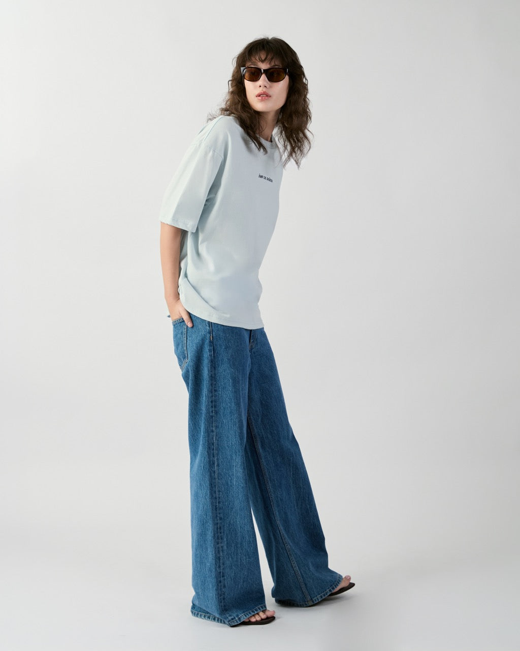 En Couleurs - AMR Logo Embroidery Oversized T-Shirt (Relaxed) in Light Blue