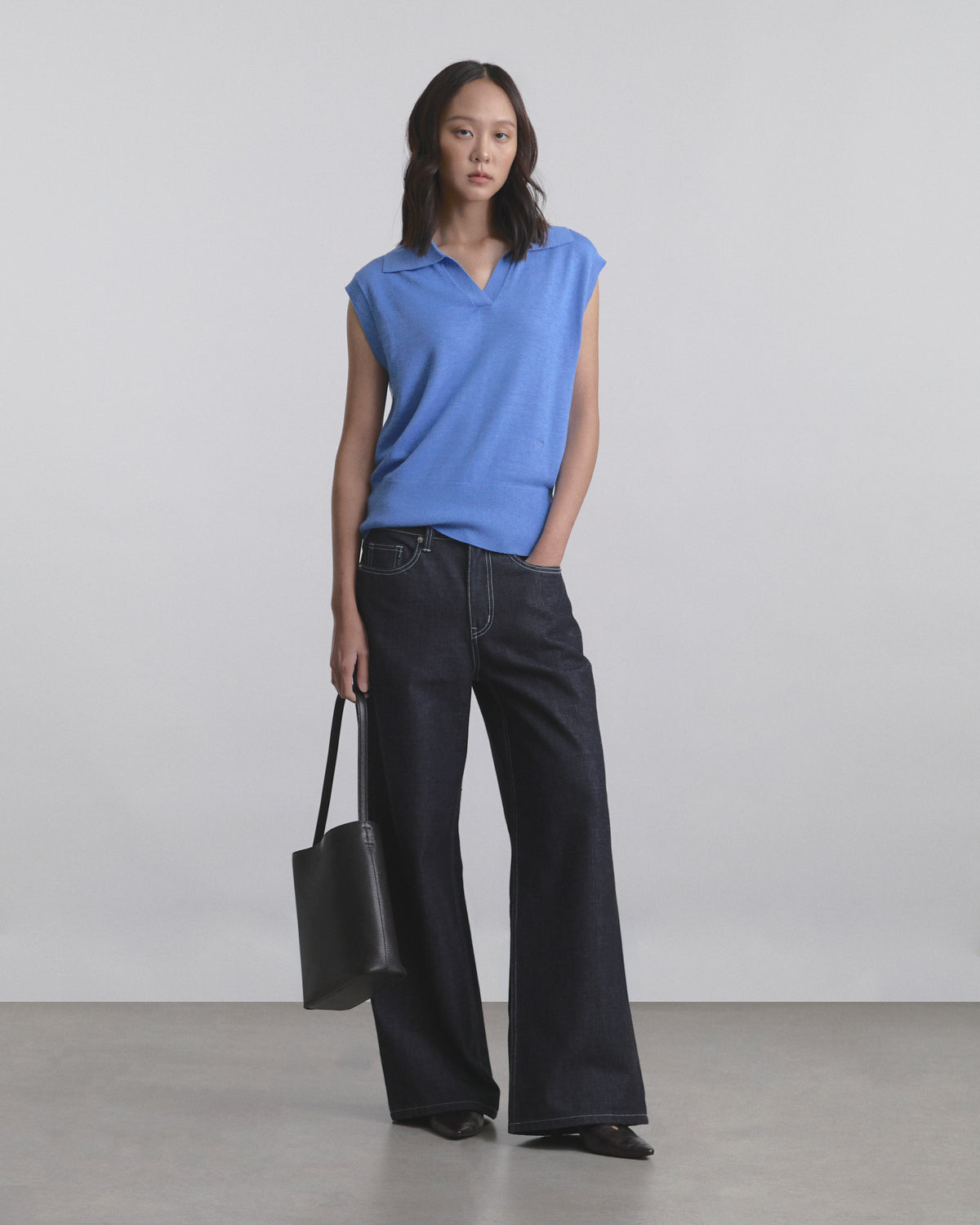 Wardrobe II - AMR Open Collar Polo Sleeveless Knit Top in Light Blue