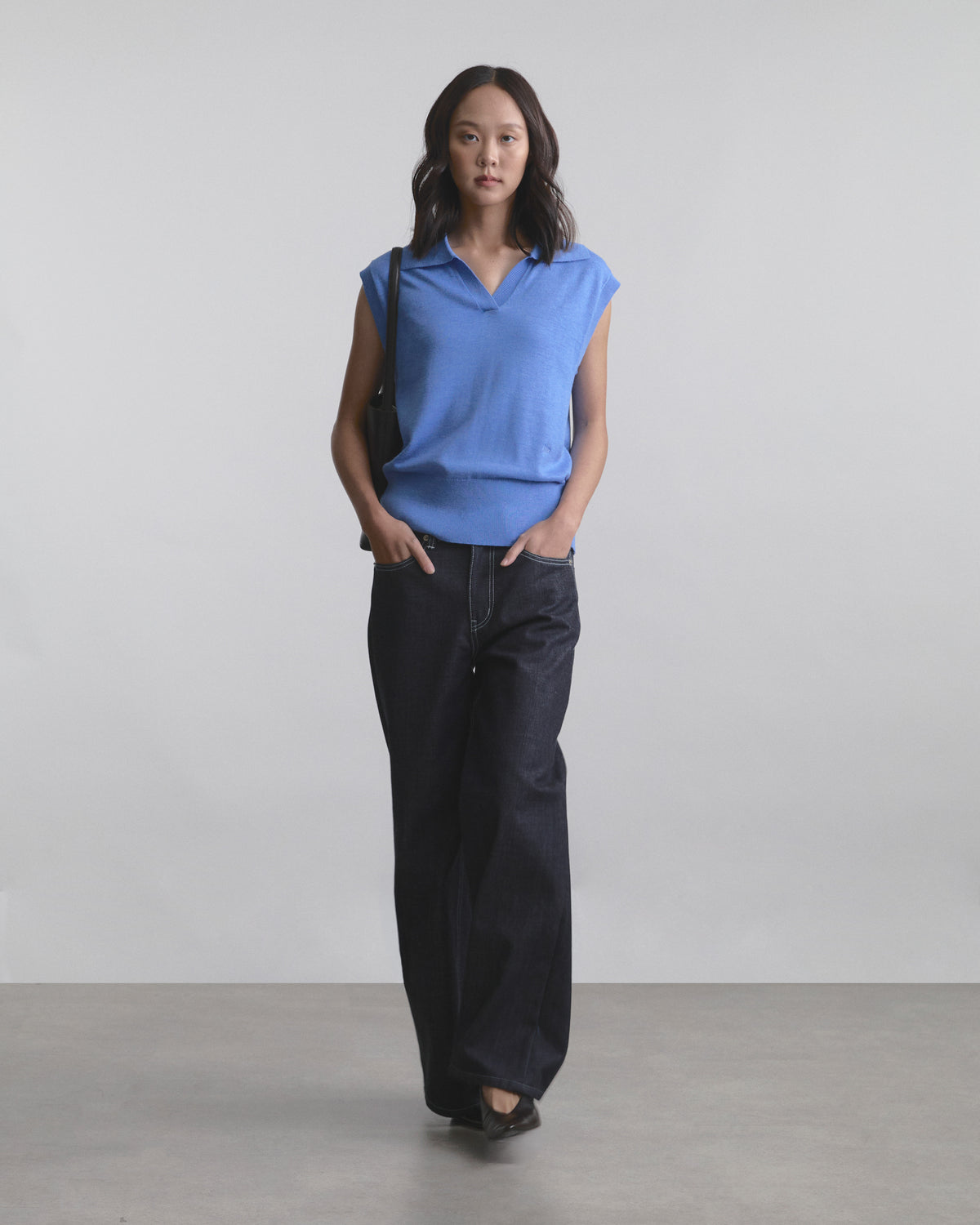 Wardrobe II - AMR Open Collar Polo Sleeveless Knit Top in Light Blue