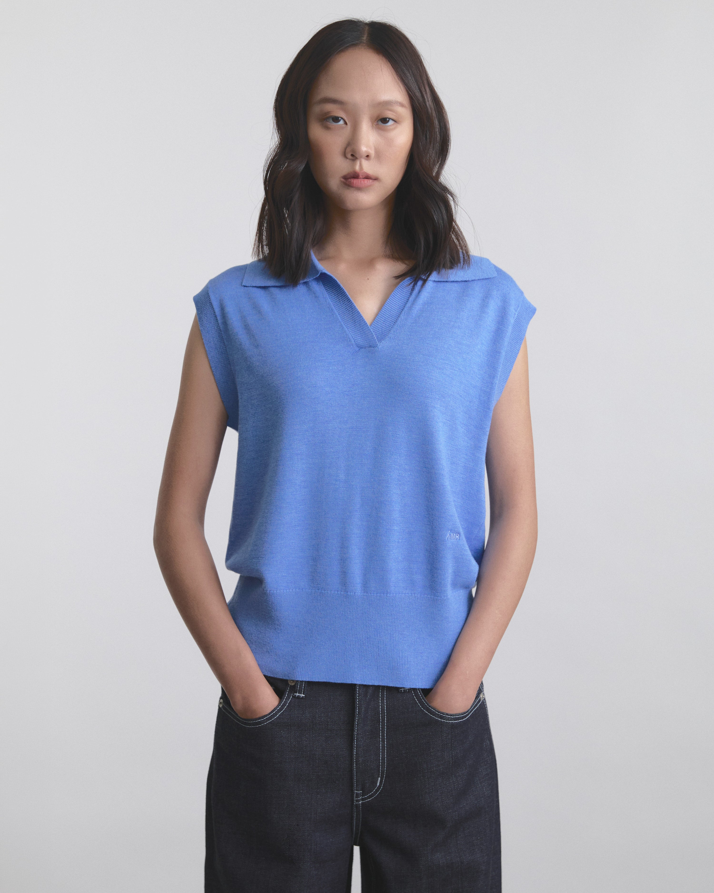 Wardrobe II - AMR Open Collar Polo Sleeveless Knit Top in Light Blue