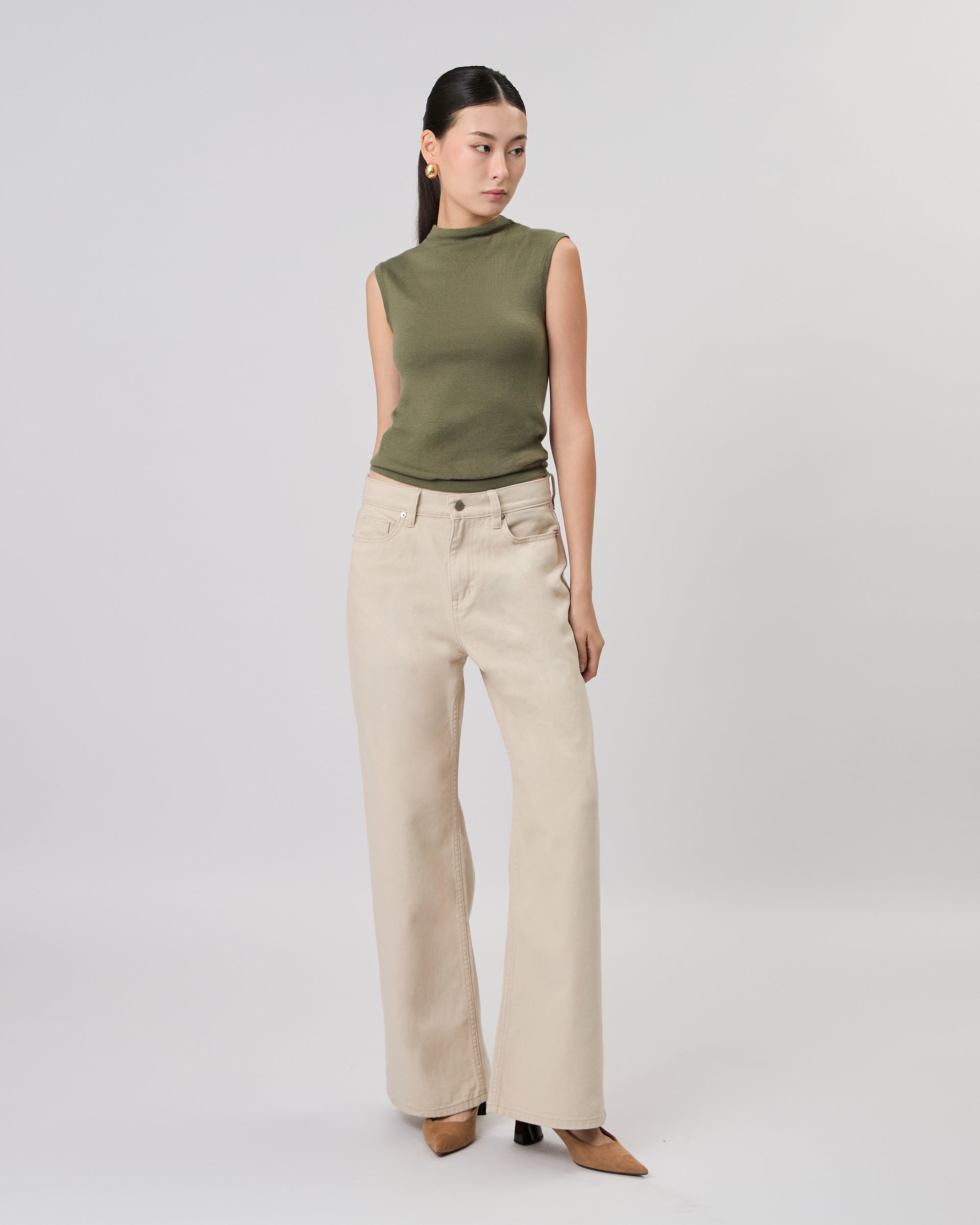 New Urban Drop - Cashmere High Neck Sleeveless Top in Smoke Green