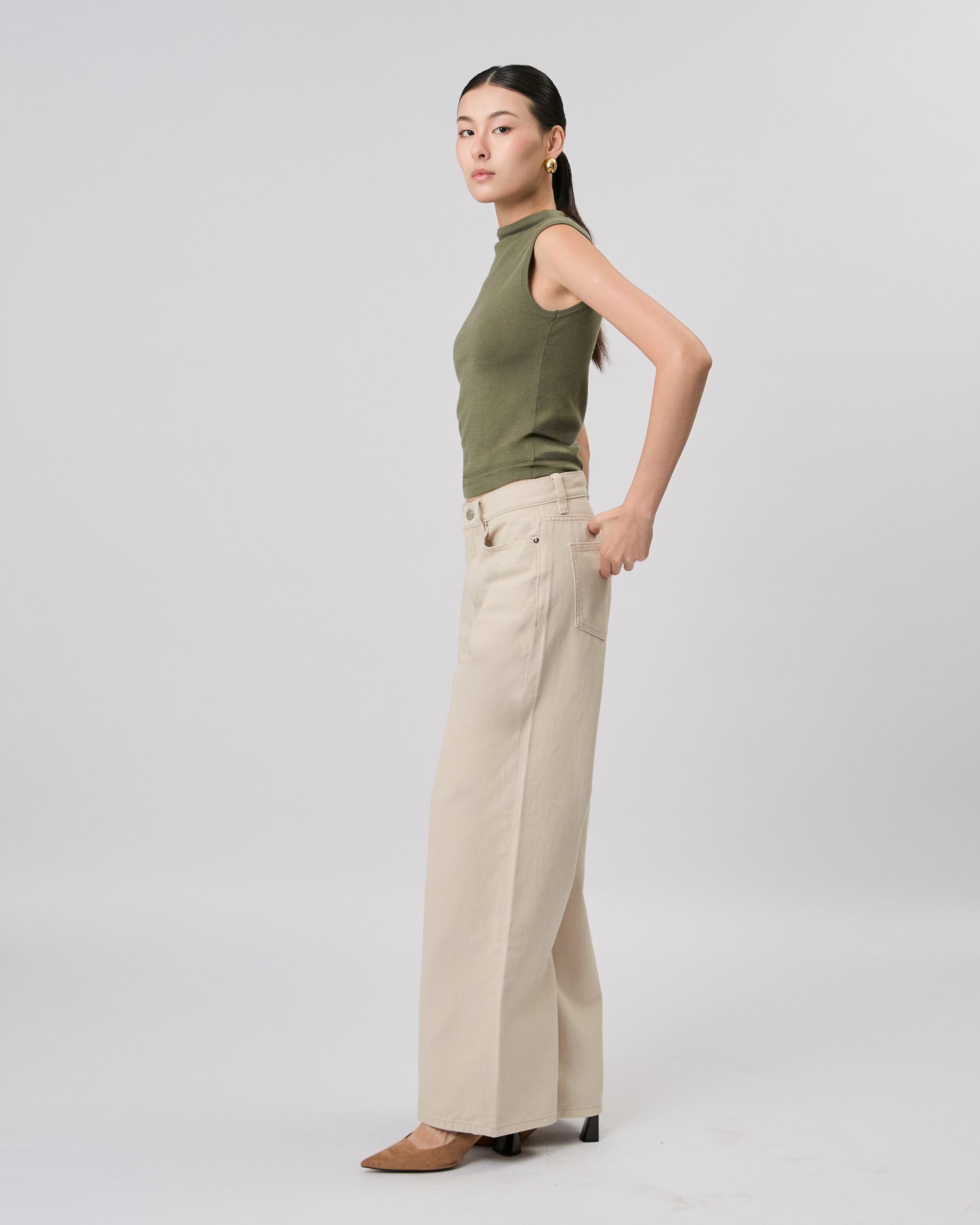 New Urban Drop - Cashmere High Neck Sleeveless Top in Smoke Green
