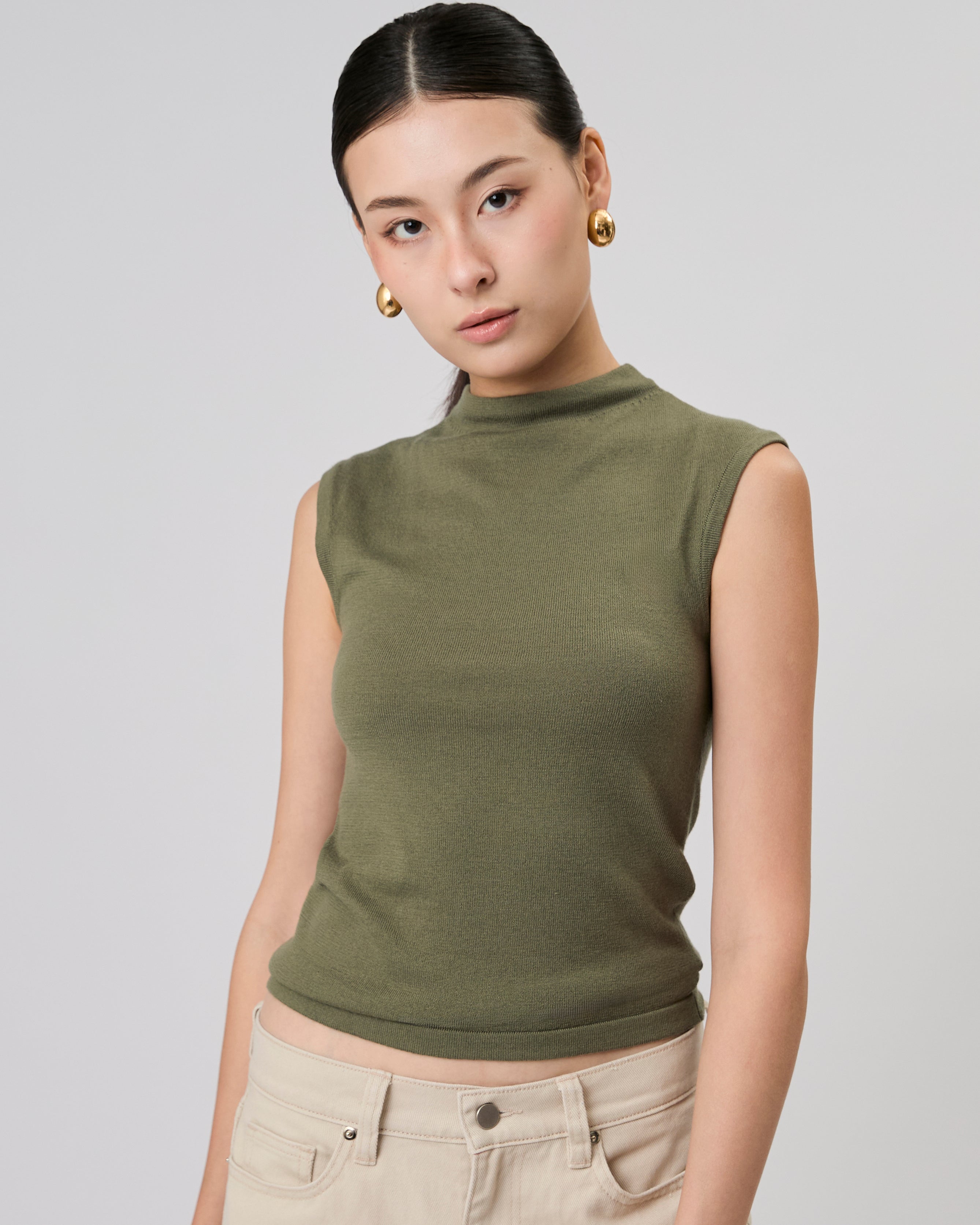 New Urban Drop - Cashmere High Neck Sleeveless Top in Smoke Green