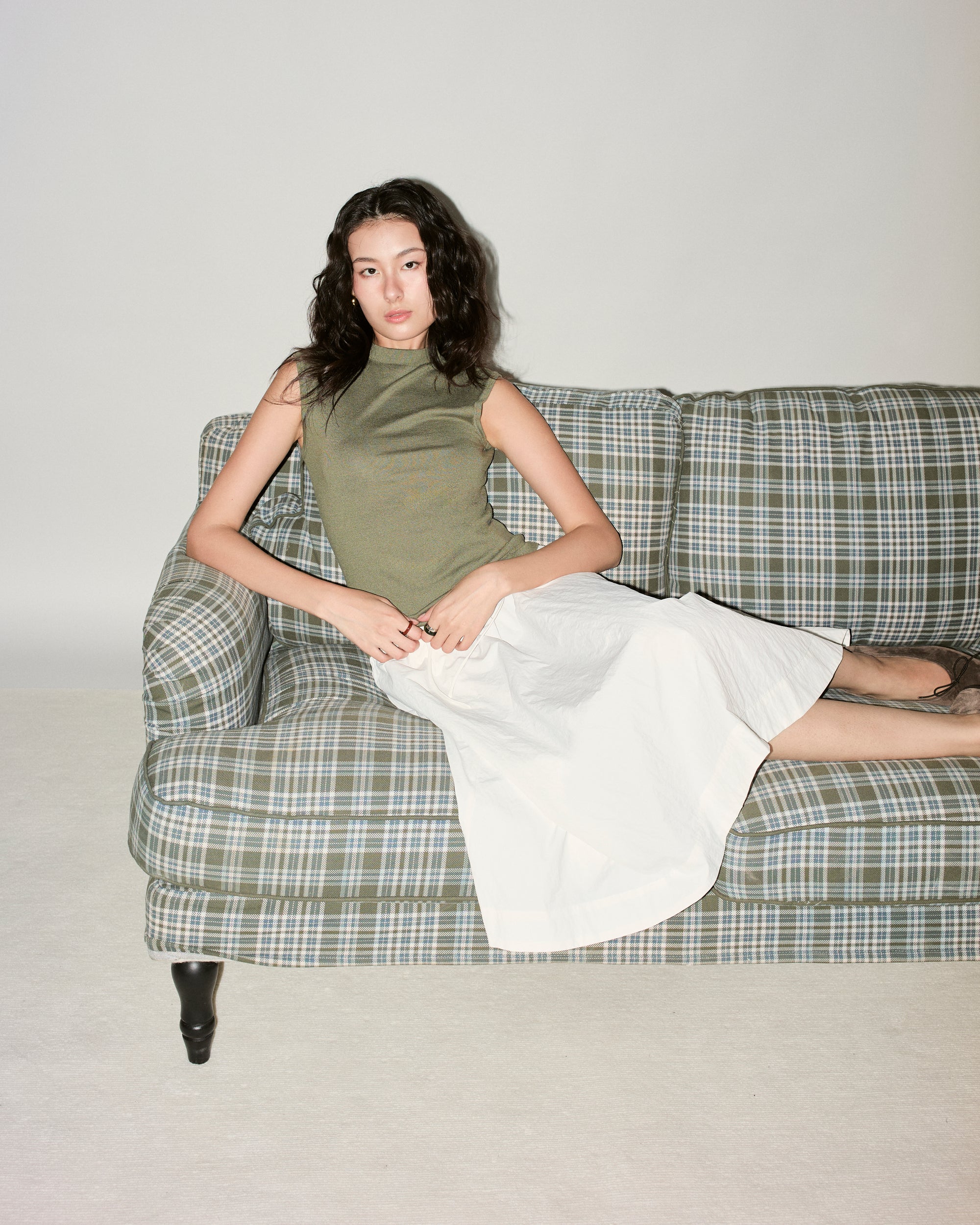 New Urban Drop - Cashmere High Neck Sleeveless Top in Smoke Green