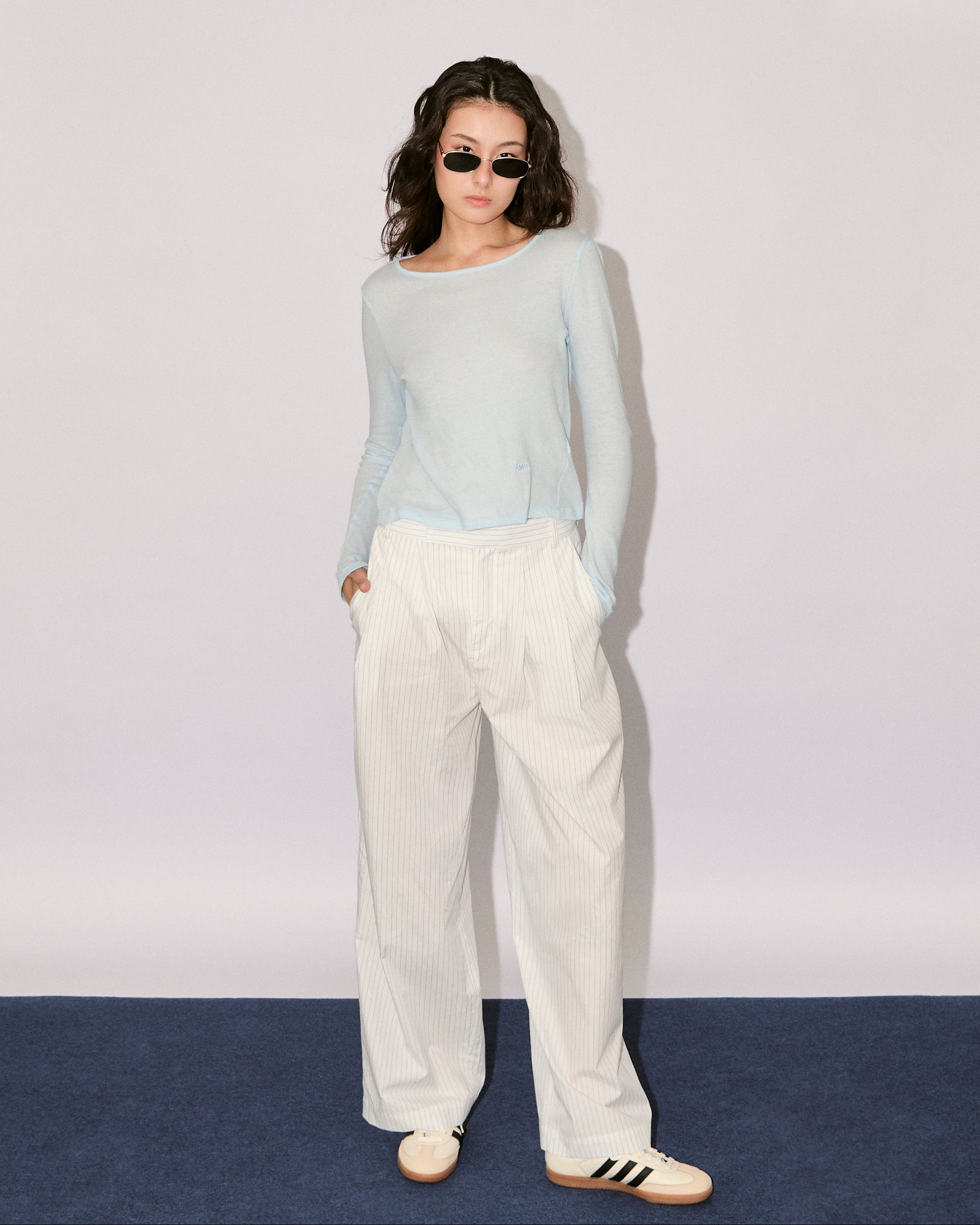 New Urban Drop - Double Pleated Trousers in White Blue Stripe