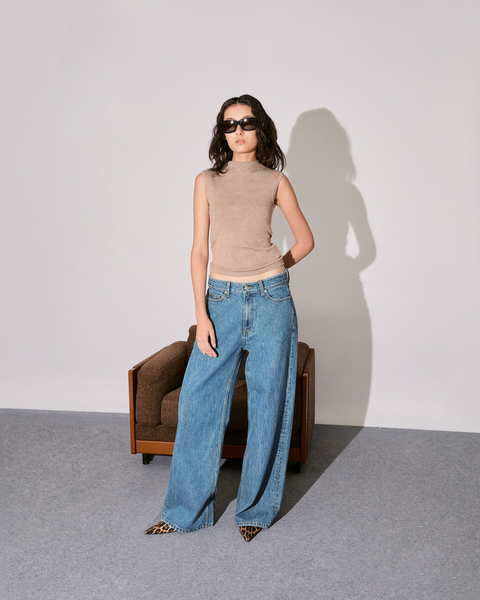 New Urban Drop - Cashmere High Neck Sleeveless Top in Taupe
