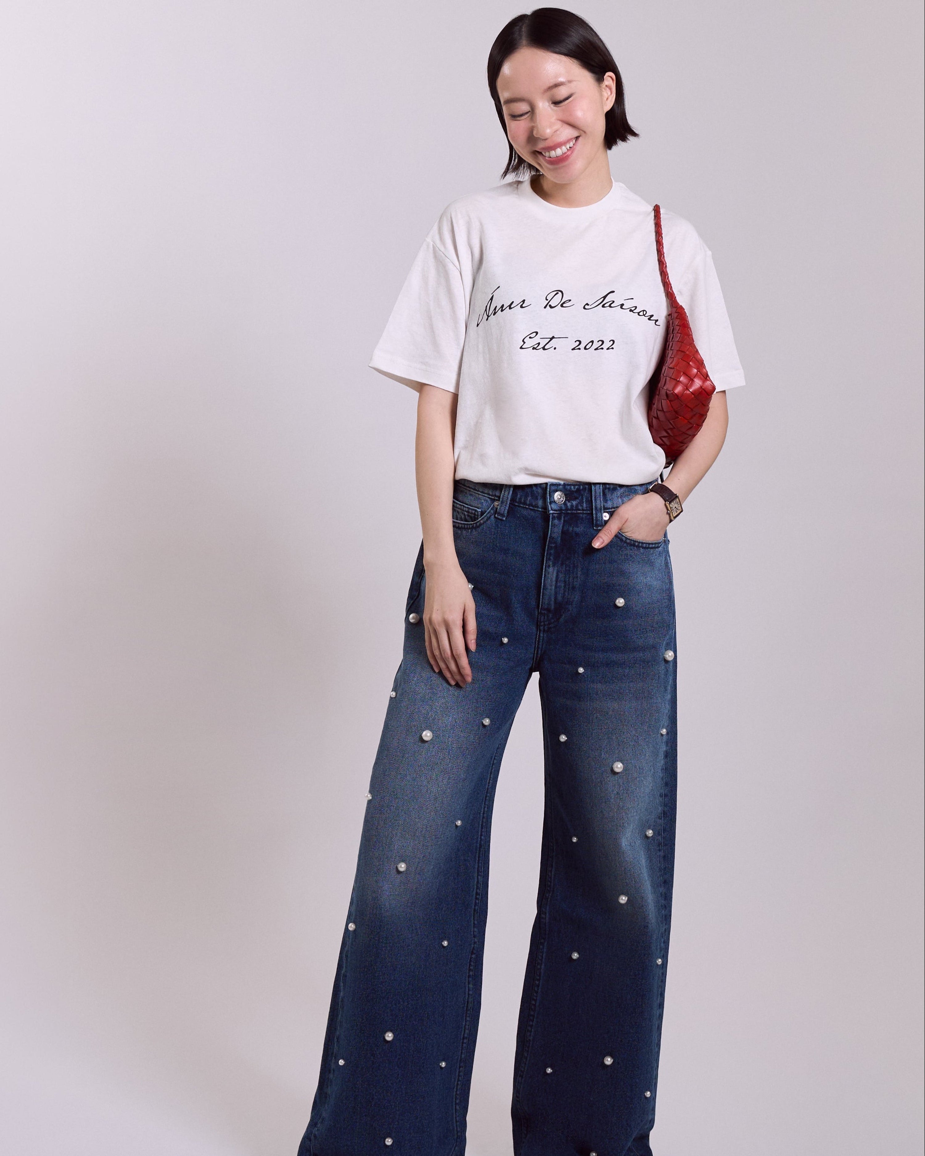 AMR Handcrafted - AMR 90s Baggy Jeans Pearl Hand Embroidery in Dark Blue Wash