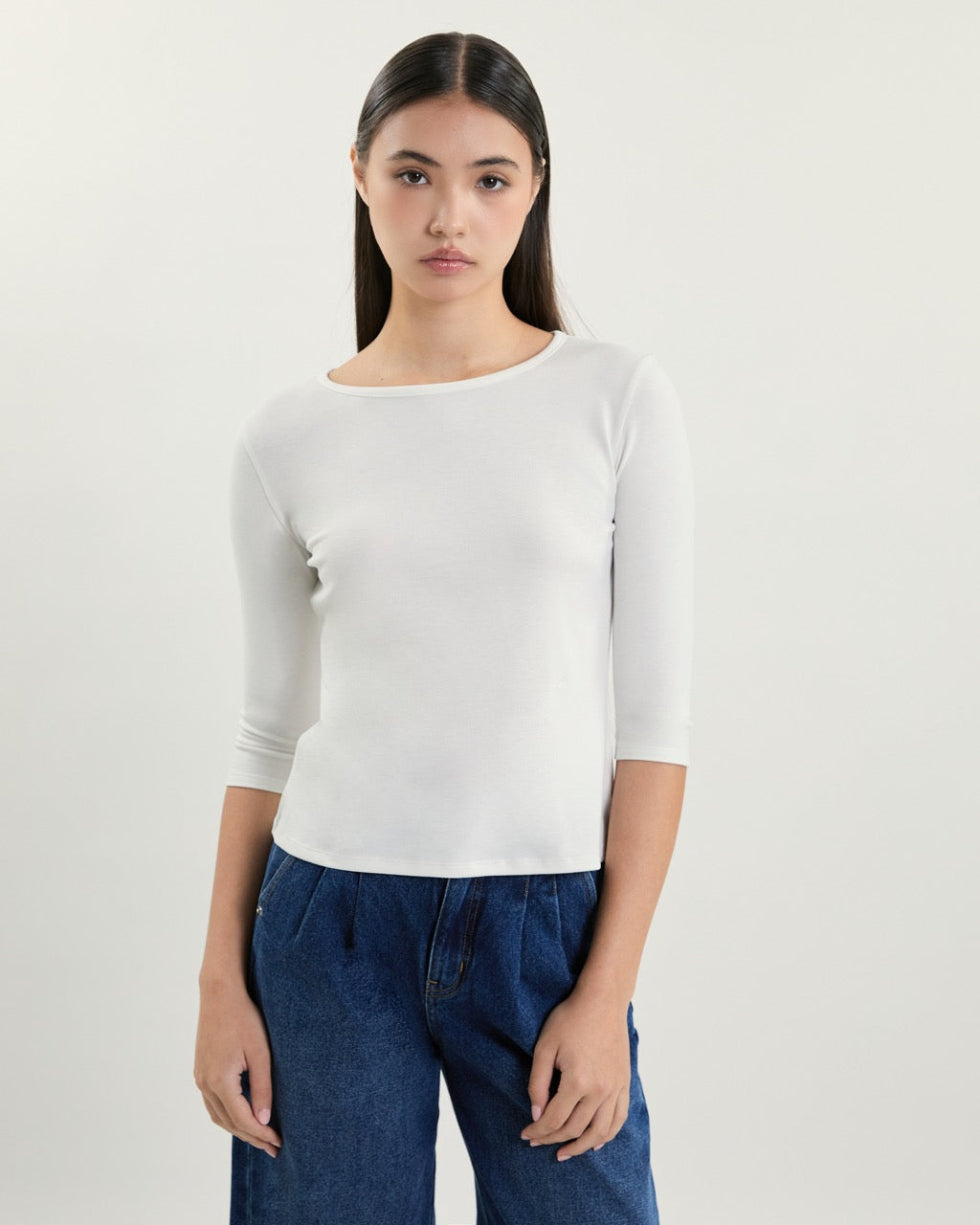 July Drop - AMR Cotton-Spandex Three-Quarter Sleeve T-Shirt in White