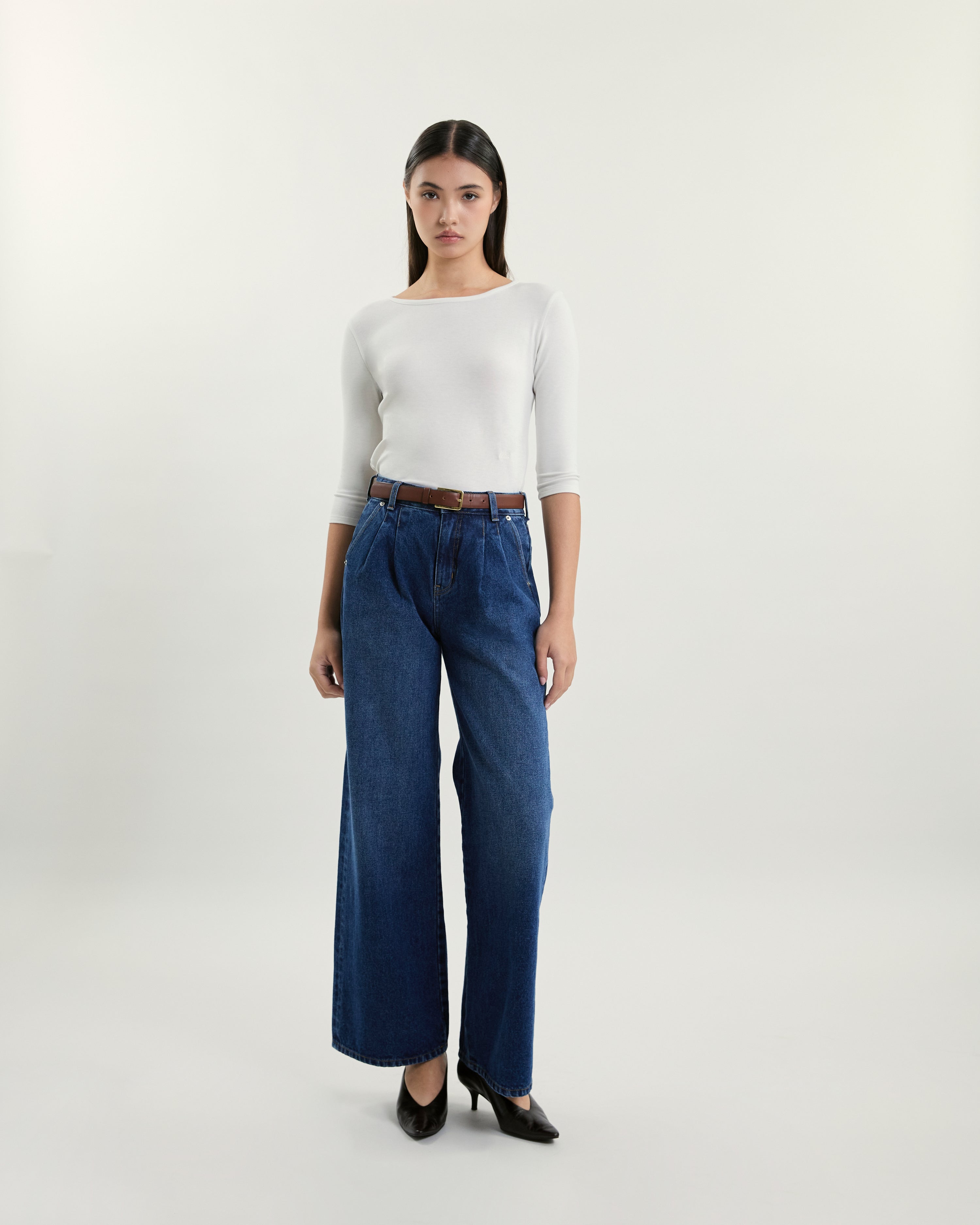 July Drop - Tailored Double Pleated Jeans in Dark Blue