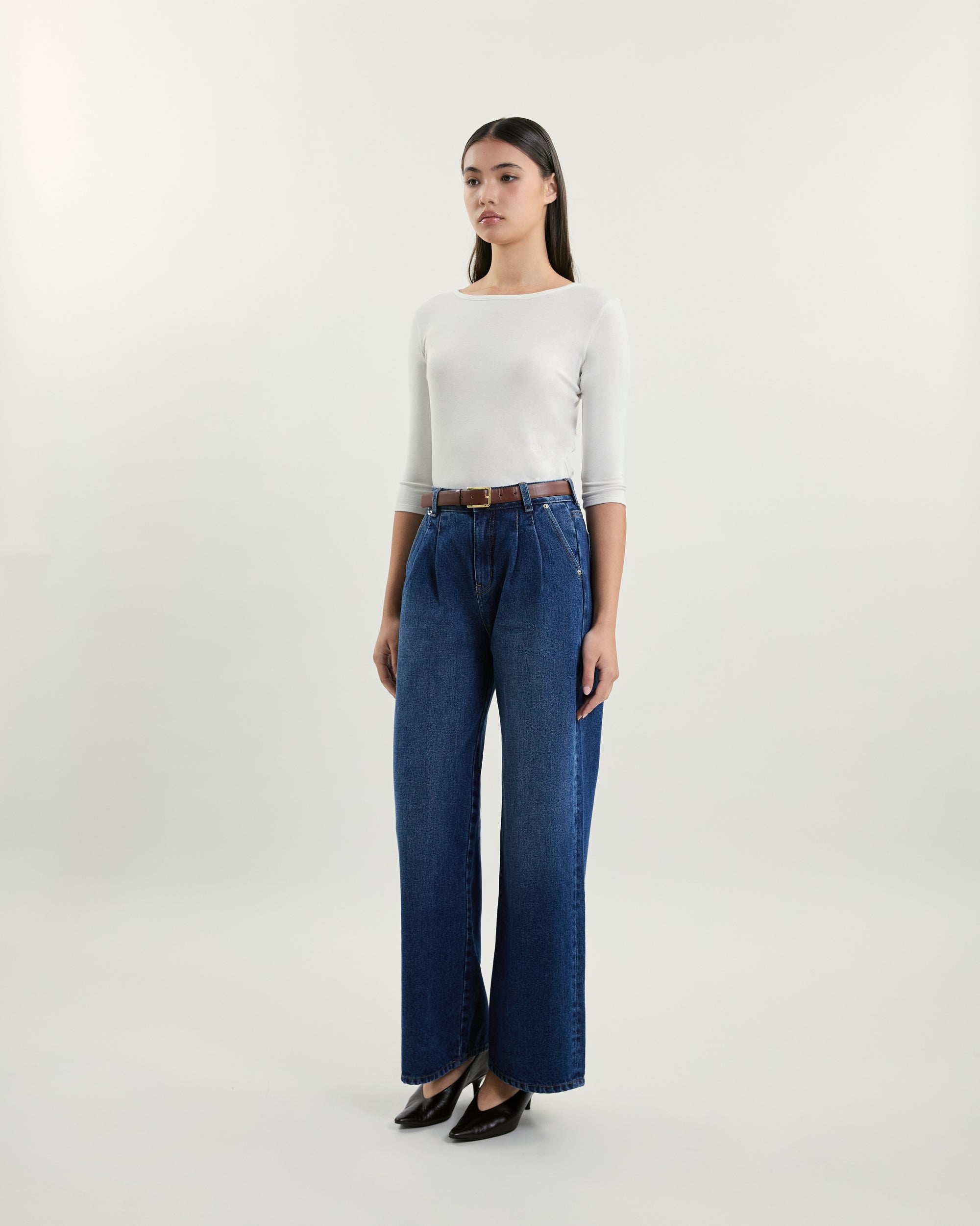 July Drop - Tailored Double Pleated Jeans in Dark Blue