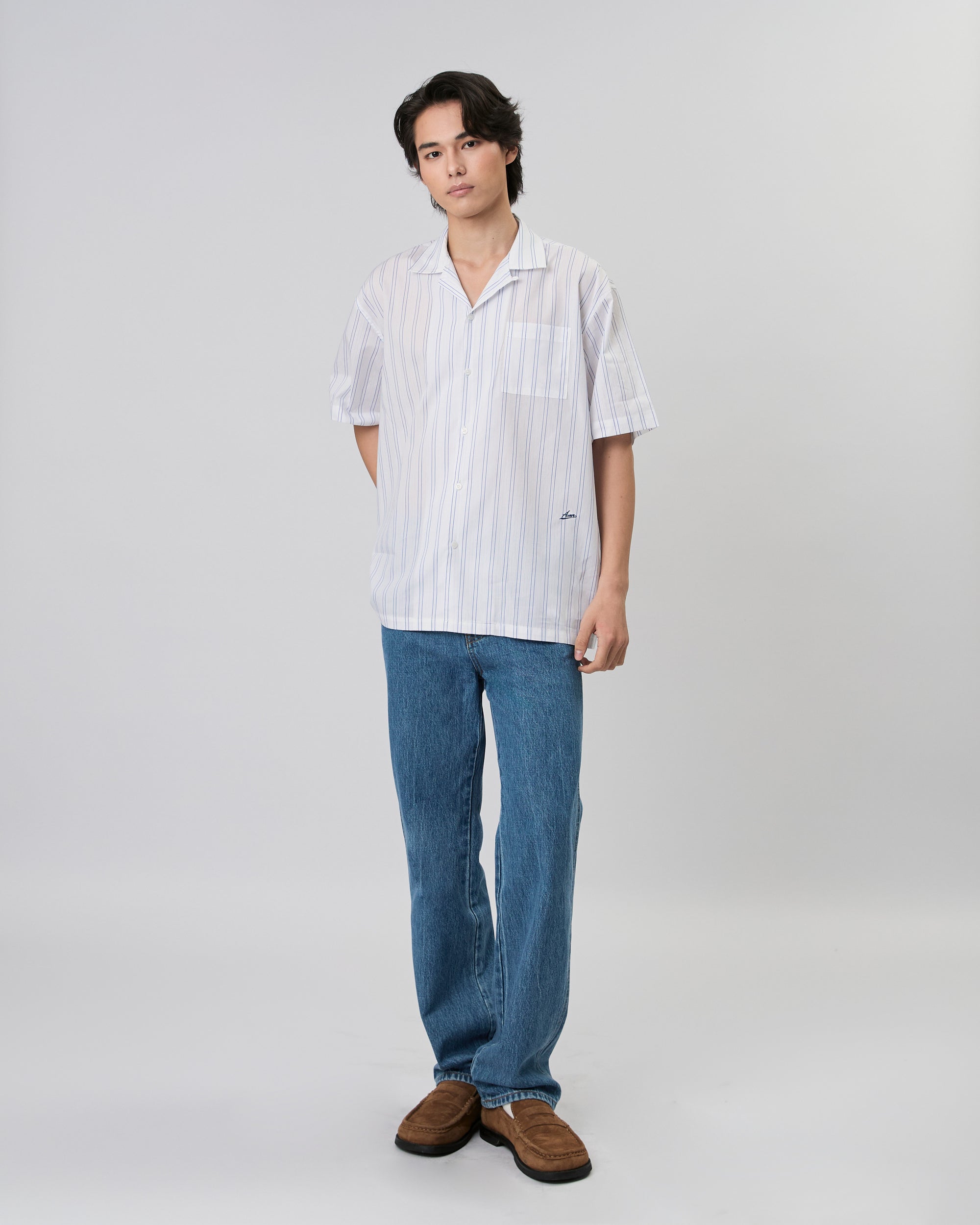 New Urban Drop - Box Short Sleeve Shirt in White Blue Stripe