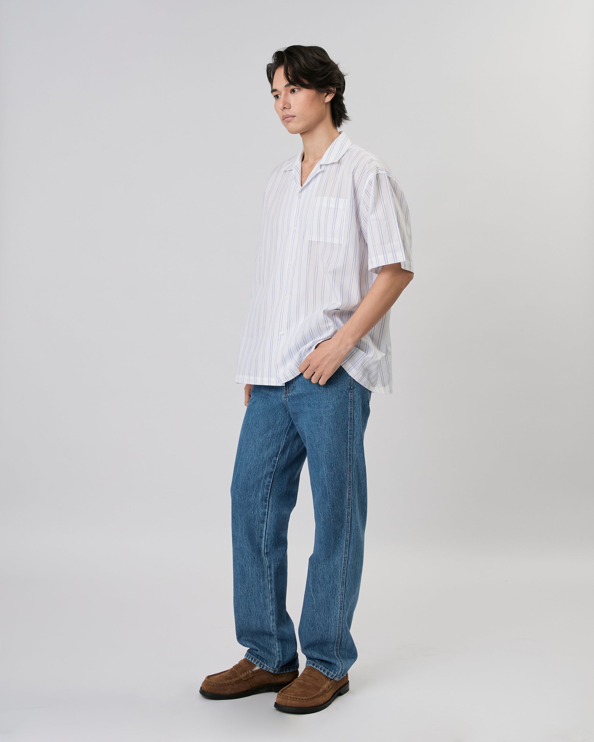 New Urban Drop - Box Short Sleeve Shirt in White Blue Stripe