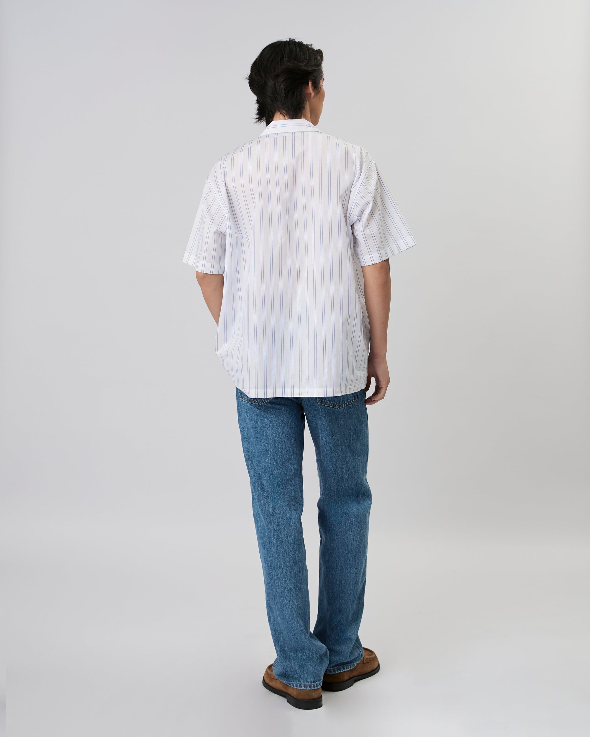 New Urban Drop - Box Short Sleeve Shirt in White Blue Stripe