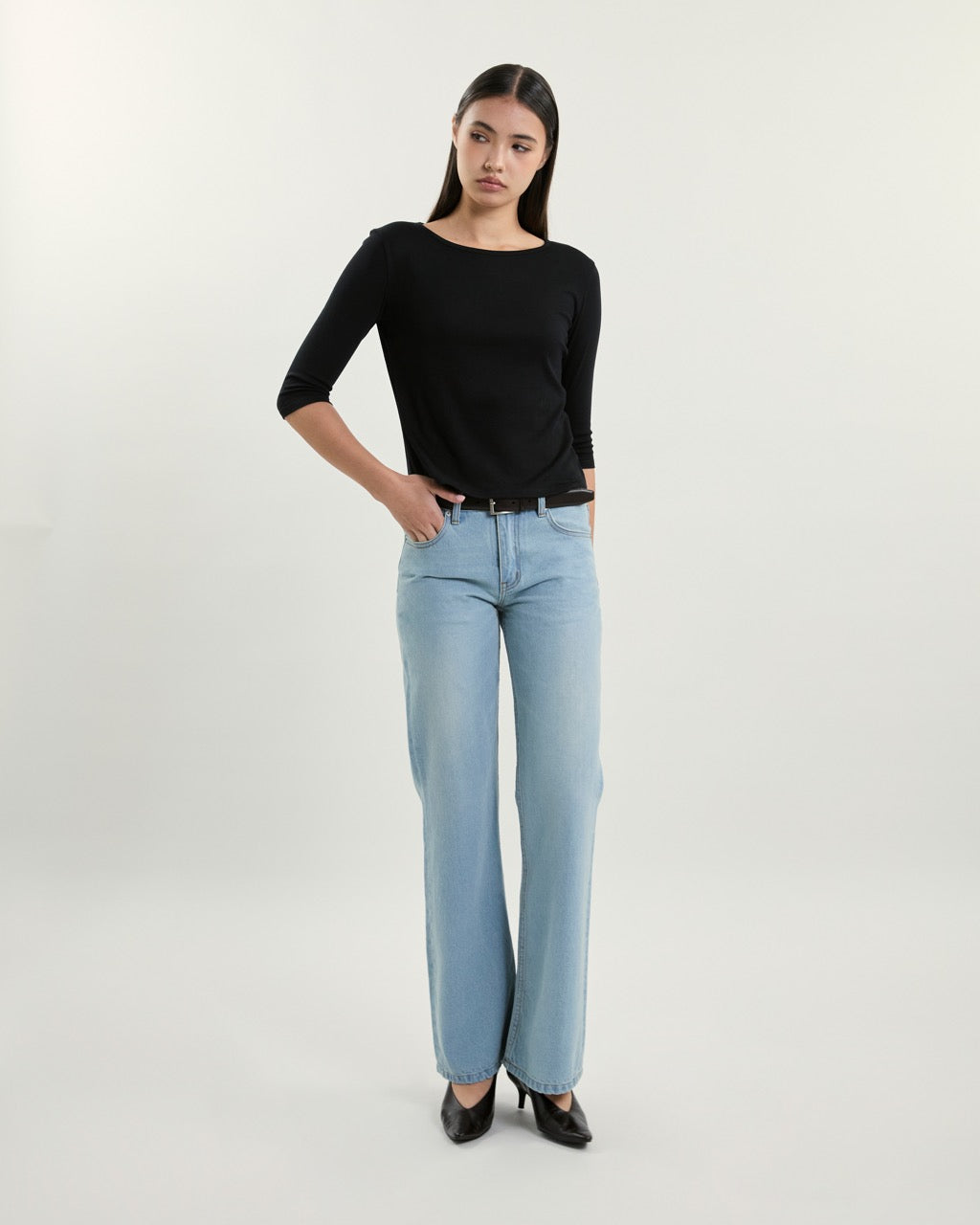 July Drop - AMR Cotton-Spandex Three-Quarter Sleeve T-Shirt in Black