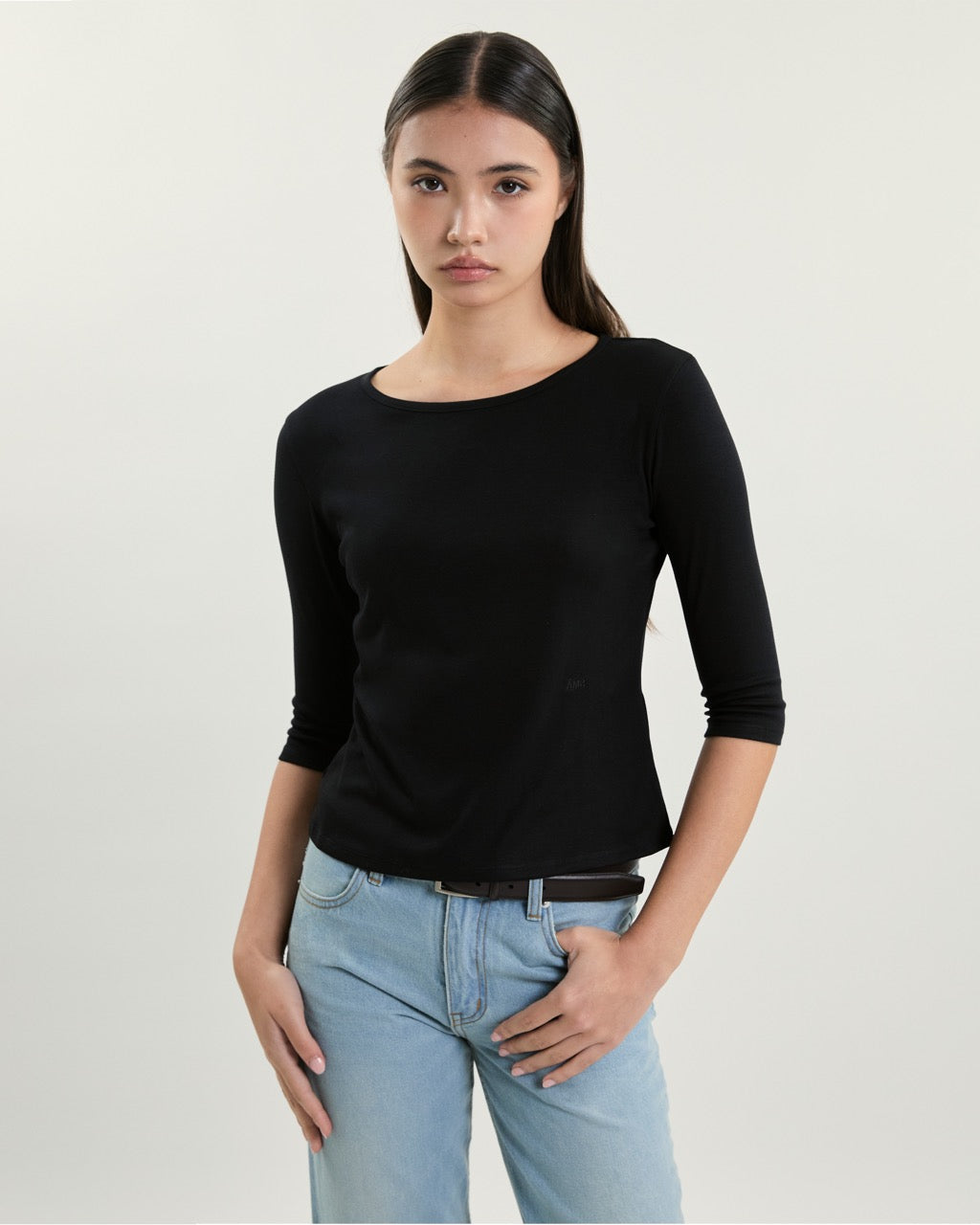 July Drop - AMR Cotton-Spandex Three-Quarter Sleeve T-Shirt in Black