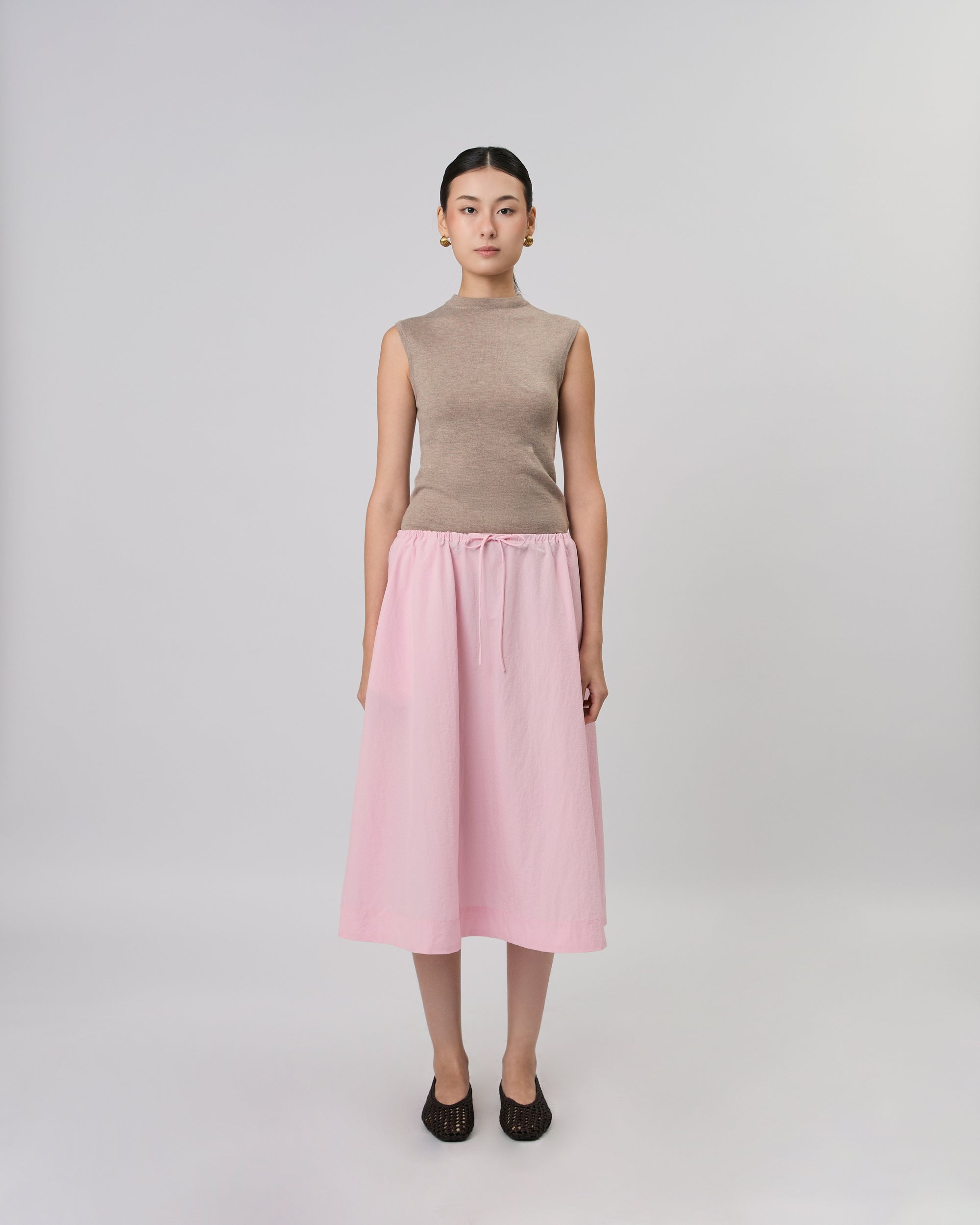 New Urban Drop - Drawstring Waist Midi Skirt in Pink